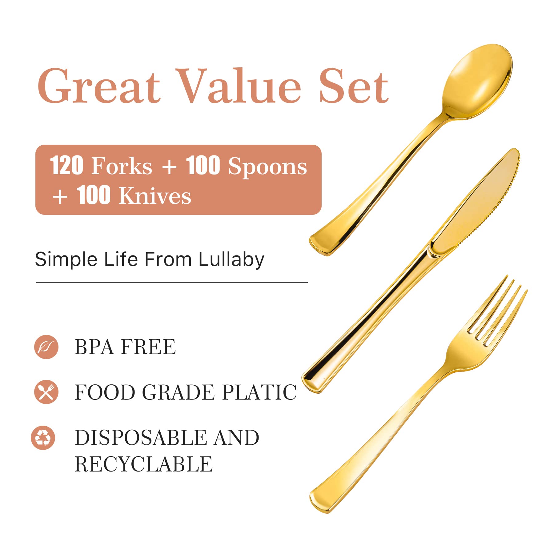 320-Piece Gold Plastic Silverware Set - Disposable Cutlery Includes 120 Forks, 100 Spoons & 100 Knives - Elegant Gold Utensils for Weddings, Parties, Events & Everyday Use - Perfect for Catering, Picnics, BBQs & Home Dining