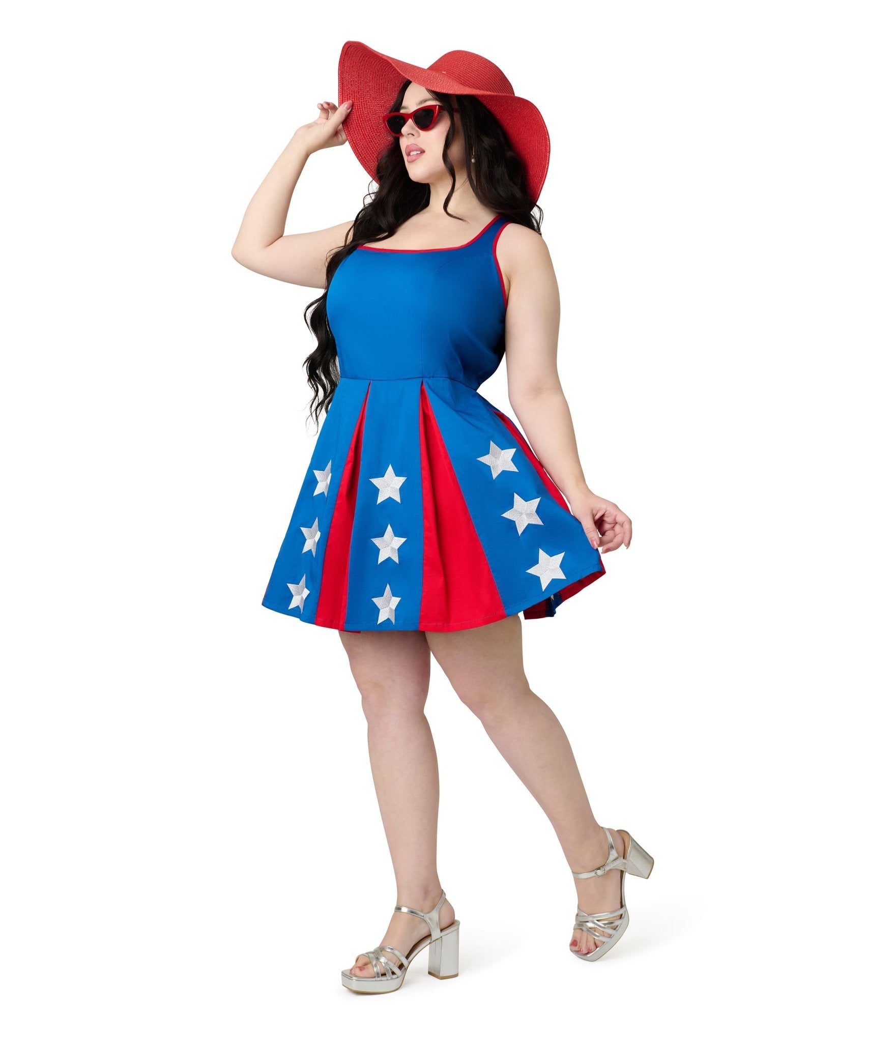 Smak Parlour Plus Size Red, Blue & White Star Print Pleated Skirted Romper Jumpsuit - Casual Summer Outfit for Women, Perfect for Beach, Party & Vacation Wear