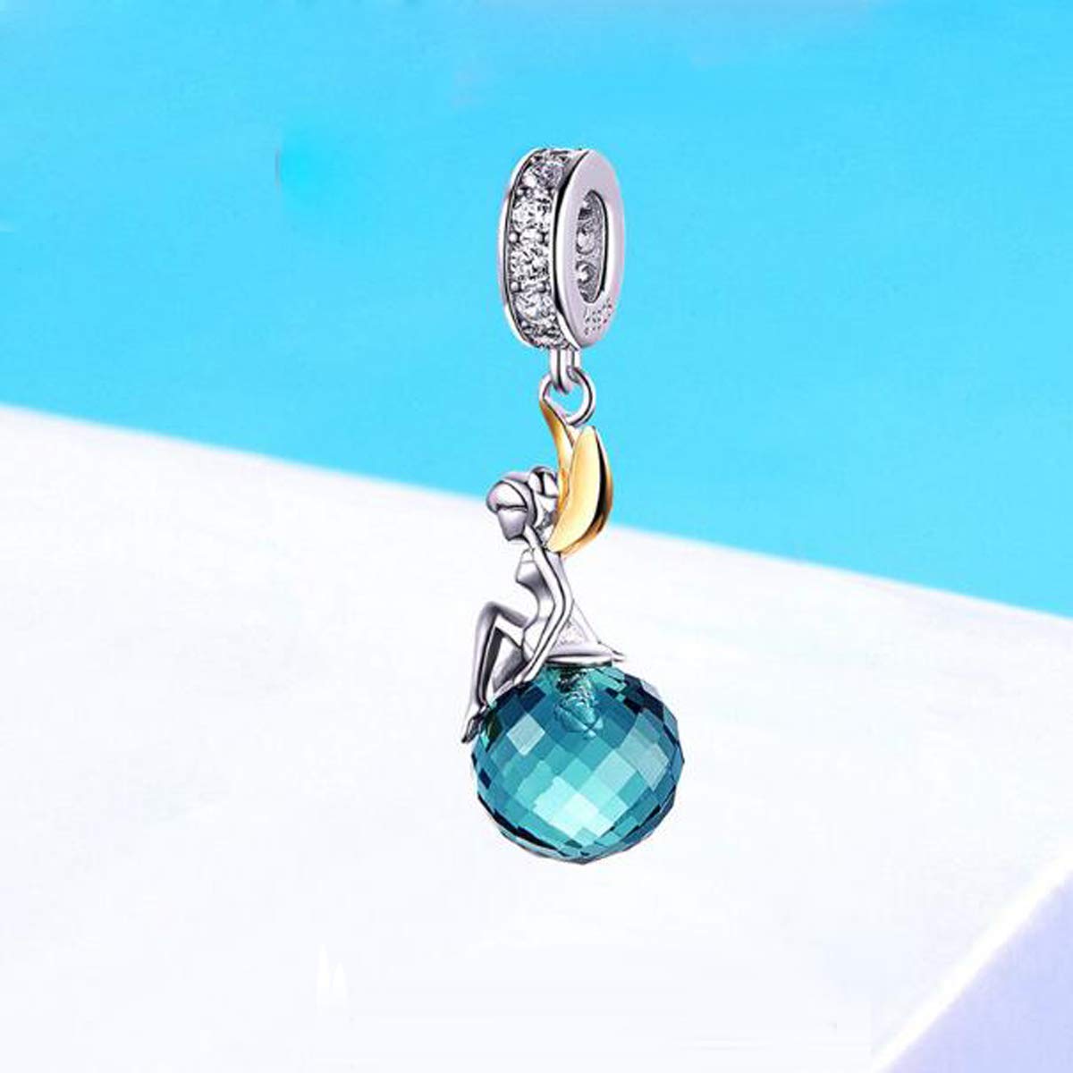 925 Sterling Silver Feather Wing Angel Charm with Blue Birthstone - Elegant Jewelry for Women's Bracelets - Perfect for Gifts, Birthdays & Spiritual Healing