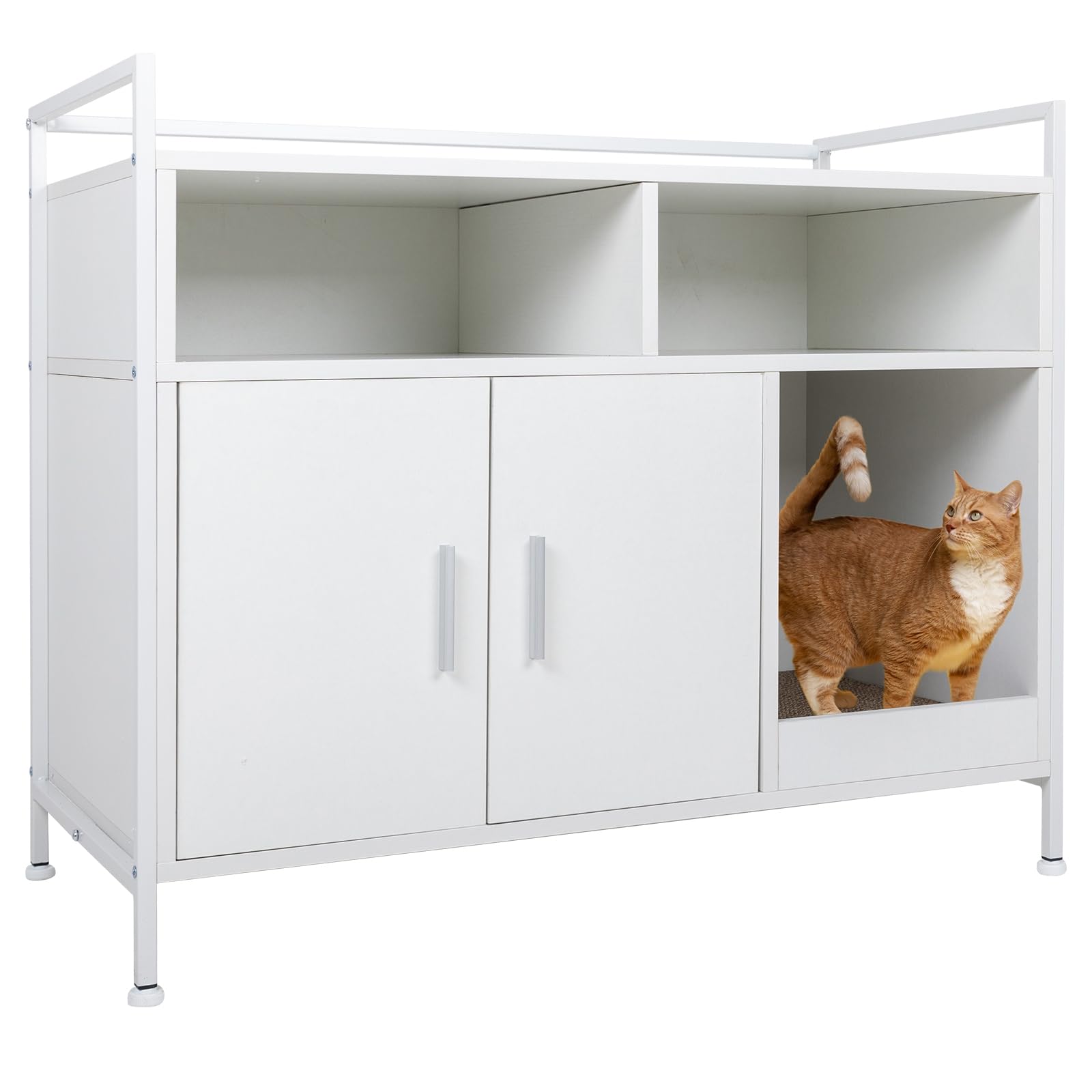 YUSING Cat Litter Box Enclosure Furniture - Hidden Large Cat Washroom Storage Cabinet with Double Doors & Open Shelf - White for Bedroom & Living Room | Perfect for Small Spaces & Multi-Cat Homes