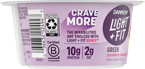 Light + Fit Nonfat Greek Yogurt with Strawberry Cheesecake Flavor, Graham Cookies, Caramel Pearls & Dark Chocolate Mix-Ins - 4.5oz Cups | High-Protein Snack for Breakfast, Office or Post-Workout