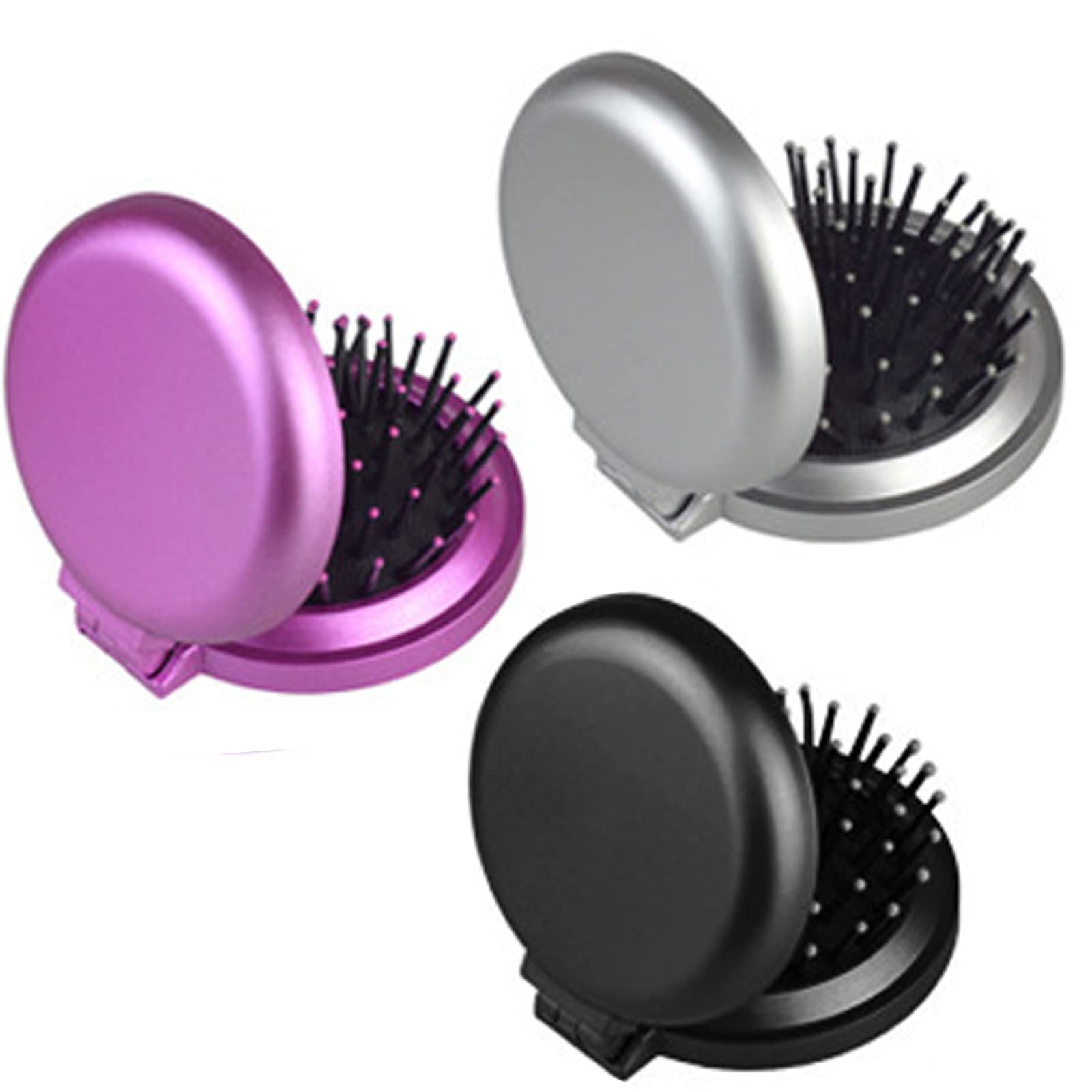 3Pack Travel Hair Brushes - Folding Mirror Combs for Women, Girls (Black/Silver/Purple) - Perfect for Travel & On-the-Go Styling