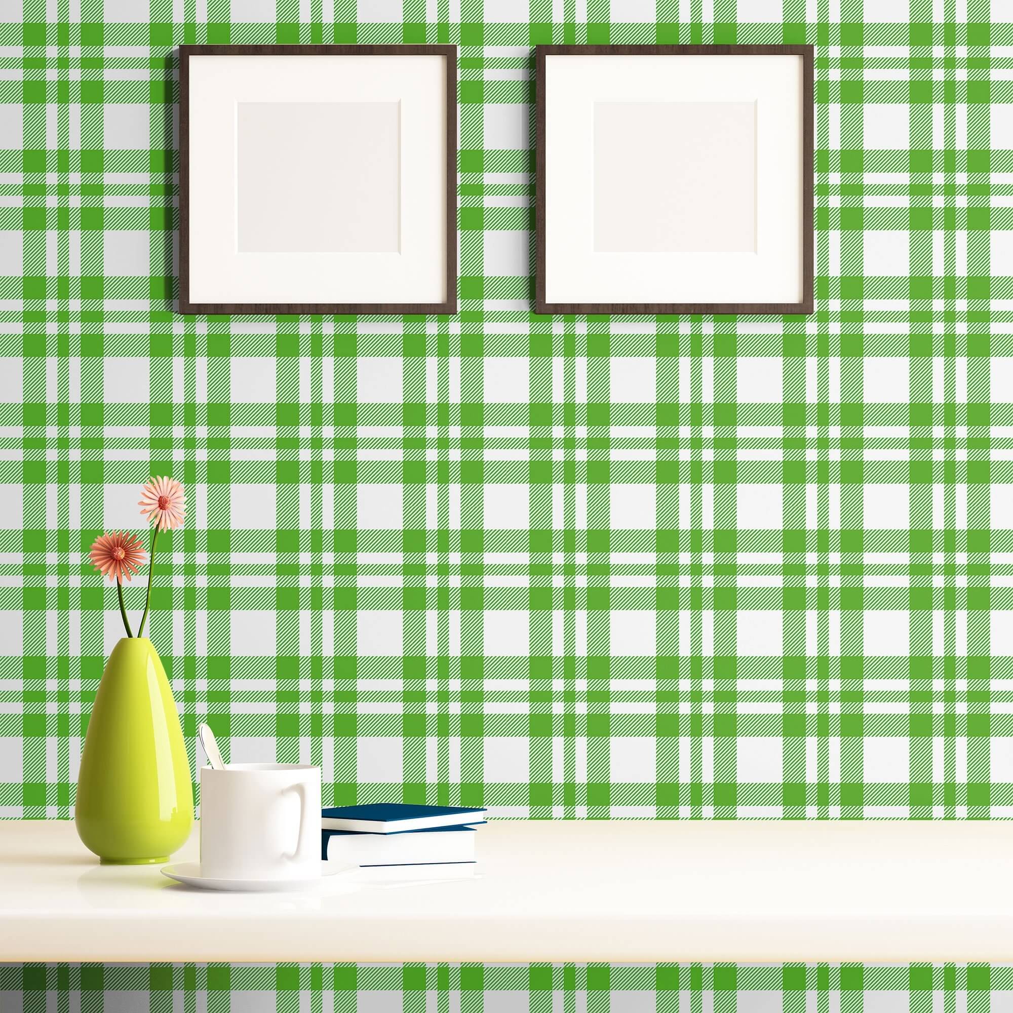 Green Plaid Peel and Stick Removable Wallpaper - Self-Adhesive Decorative Wall Covering for Bedroom, Living Room, or Office - Easy to Install & Remove