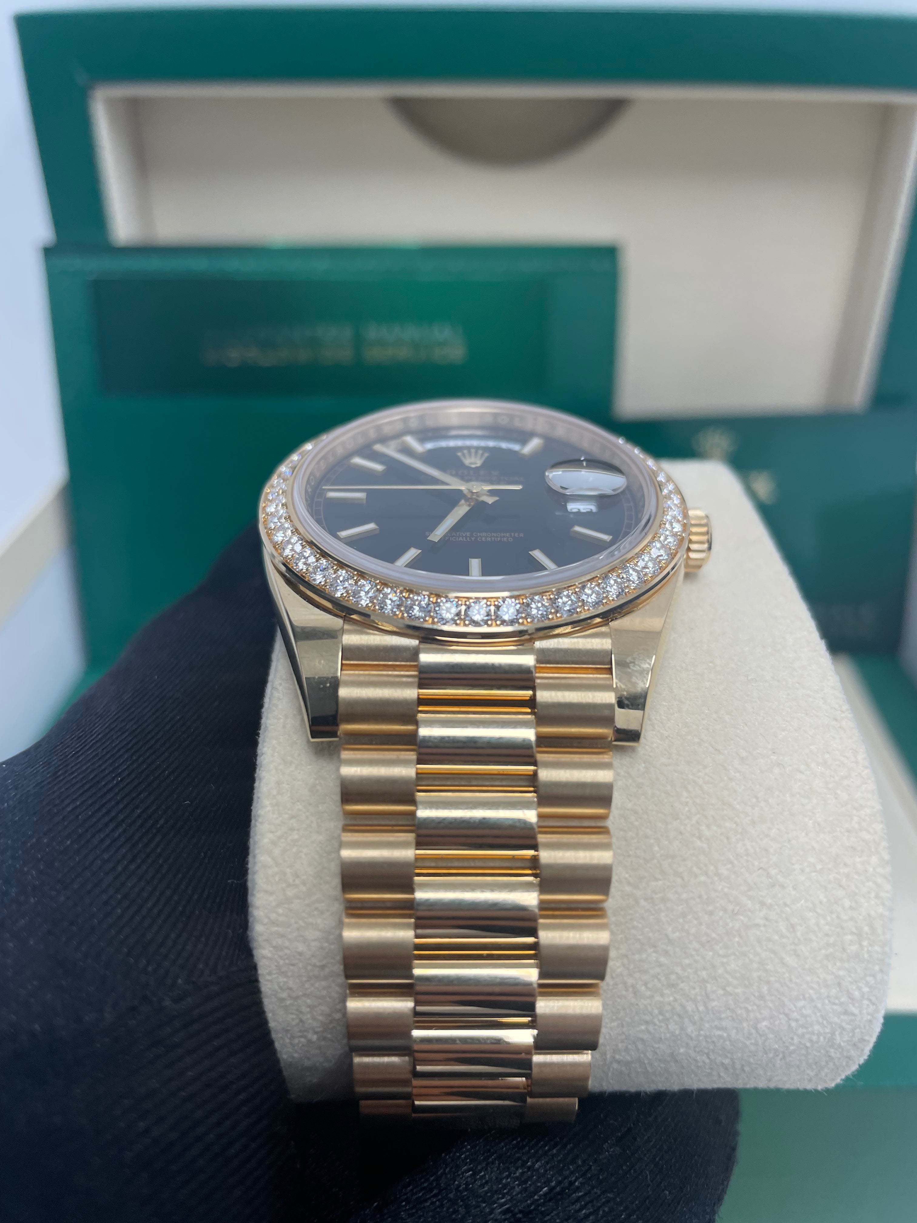 Rolex Day Date 40mm 18K Yellow Gold Men's Watch with Black Diamond Dial & Diamond Bezel, President Bracelet (Ref# 228348RBR) - Luxury Dress Watch for Business & Formal Occasions