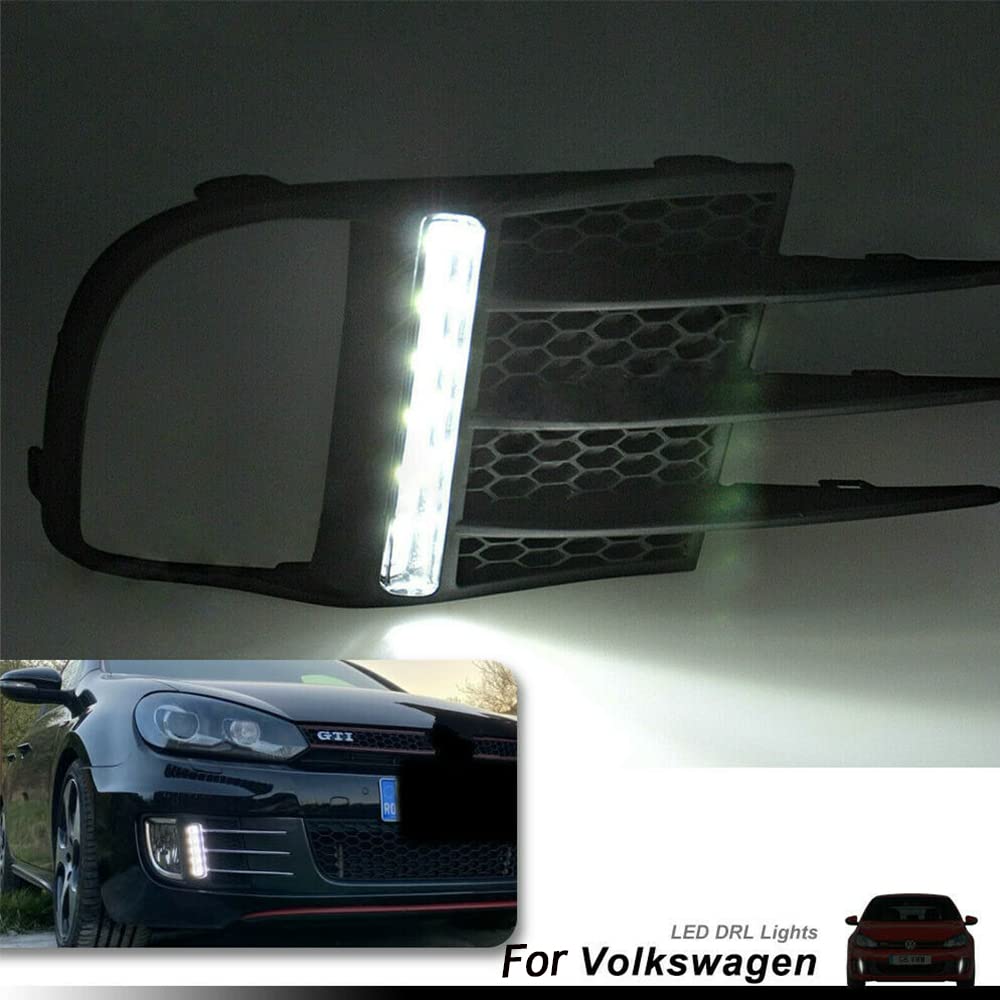 2Pcs White LED DRL Daytime Running Lights Assembly for Volkswagen Golf 6 GTI - LED Parking Light & Position Lamp with OEM Fog Bezel Covers | Upgrade Your Headlights for Enhanced Visibility & Style
