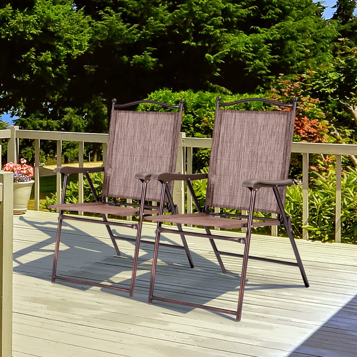 Byroce 2-Pack Patio Folding Chairs - Portable Lightweight Outdoor Lounge Chairs with Armrests & Metal Frame - Sturdy Foldable Sling Back Chairs for Garden, Beach, Camping, Picnic & Backyard (Brown)