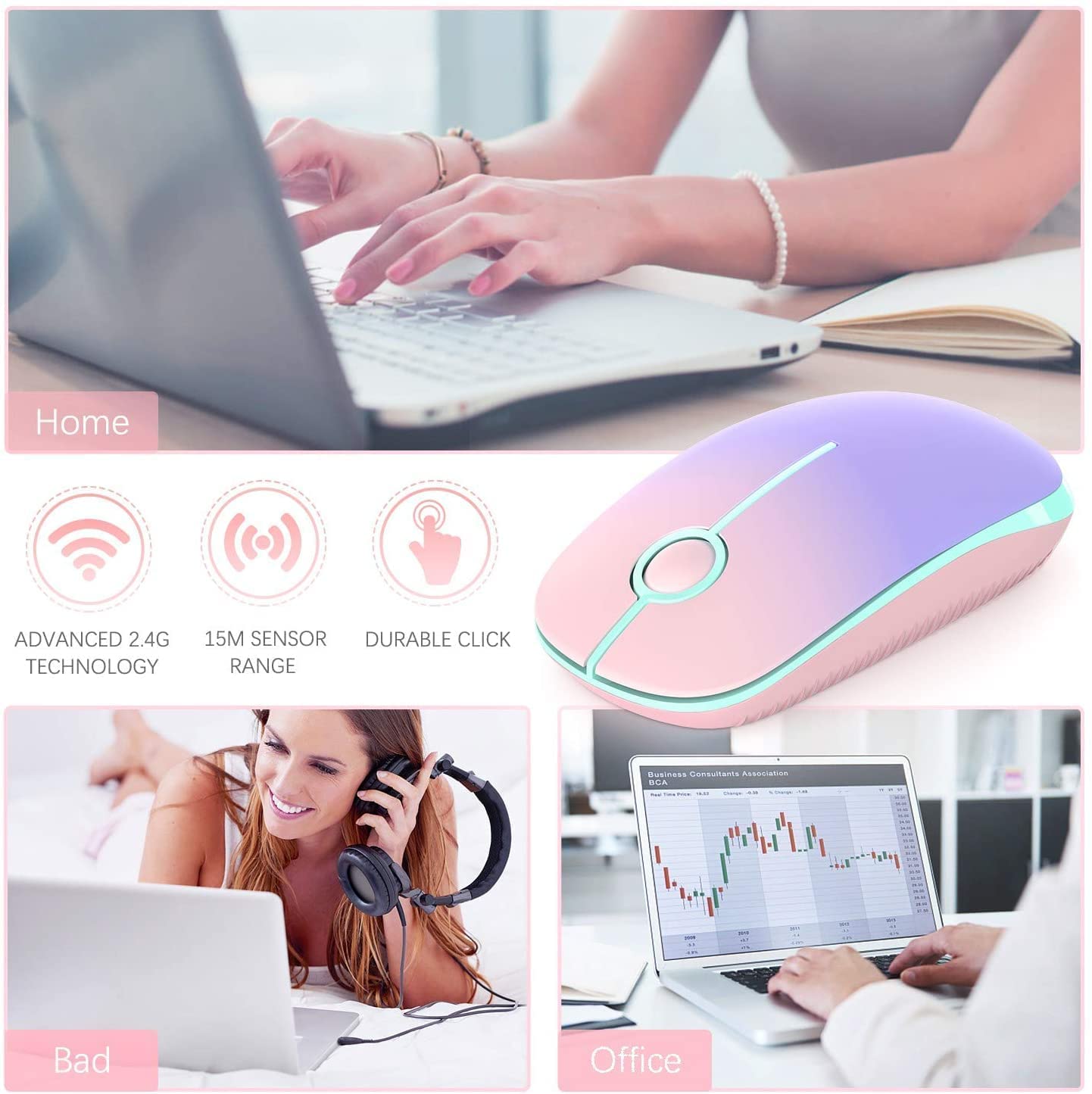 Vssoplor 2.4G Wireless Slim Mouse with Nano Receiver - Ergonomic Portable Computer Mouse for Laptop, PC, Notebook (Pink to Purple Gradient) - Perfect for Office Work, Gaming & Travel Use