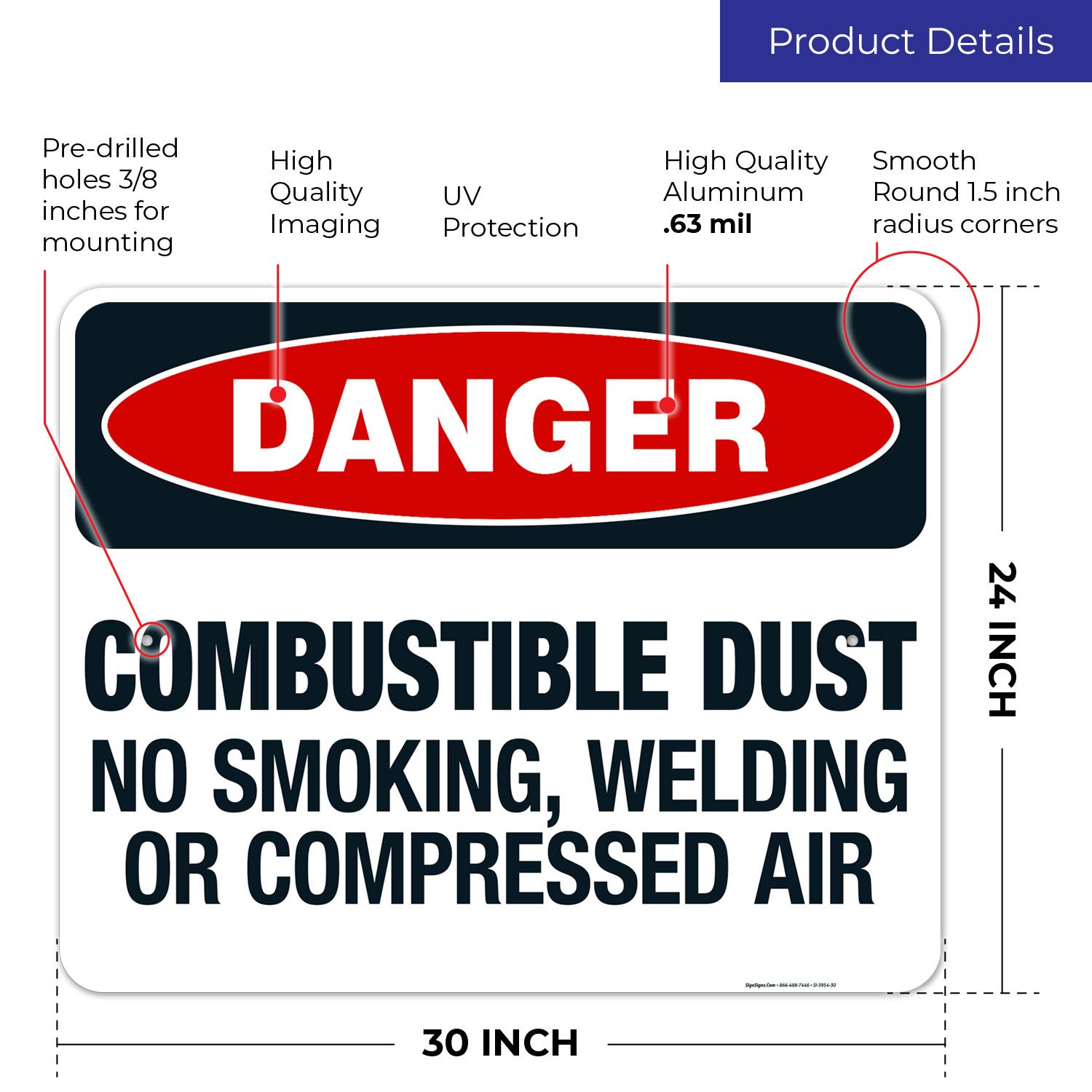 Danger Combustible Dust No Smoking Welding or Compressed Air Sign - OSHA Approved 24x30 Inch Rust-Free Aluminum Safety Sign - Fade Resistant for Indoor/Outdoor Use - Made in USA - Perfect for Warehouses, Factories & Hazardous Work Areas