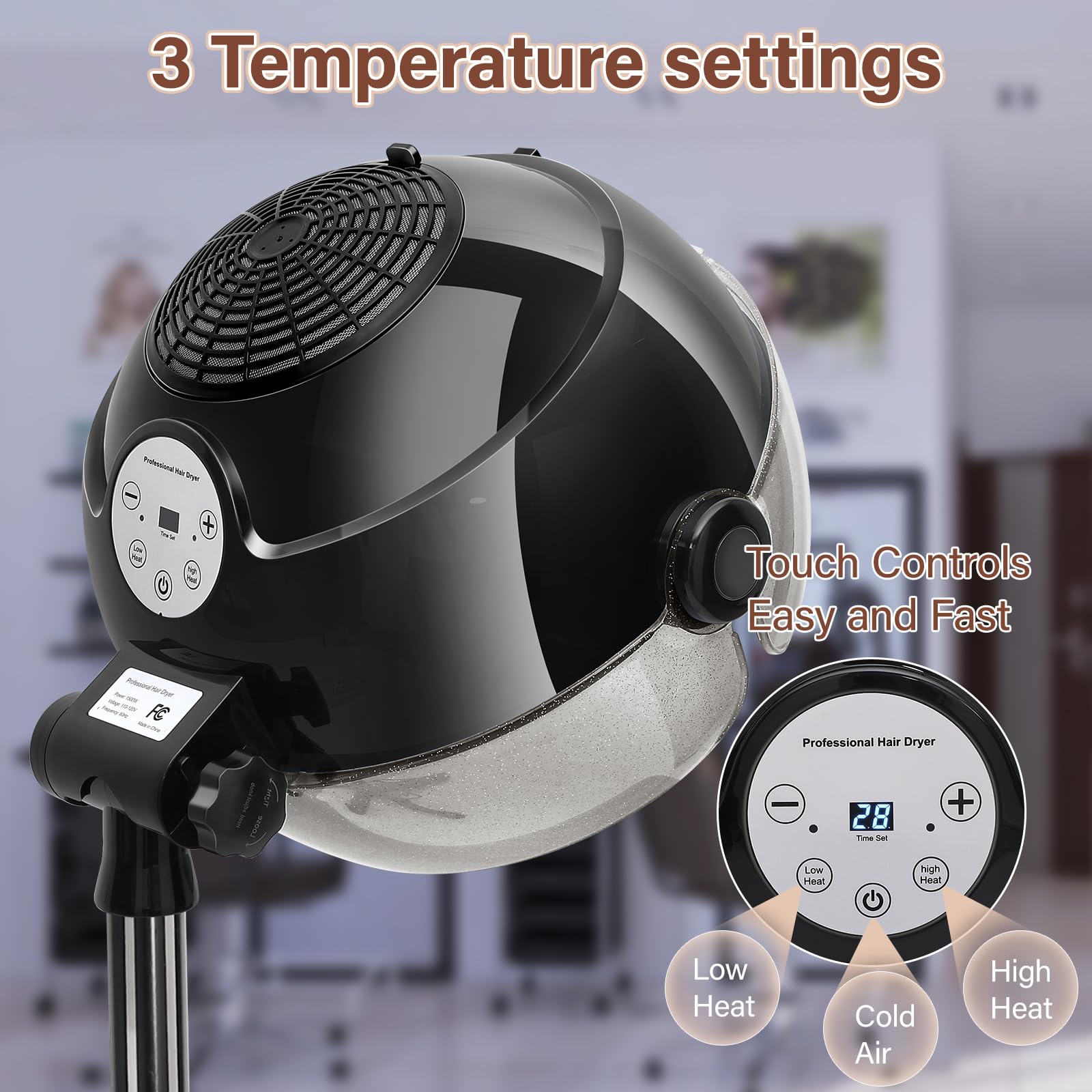 Professional Hooded Hair Dryer with Timer & Touch Controls - 3 Adjustable Heat Settings, Height Adjustable Stand for Salon & Home Use - Perfect for Blowouts, Styling & Deep Conditioning Treatments