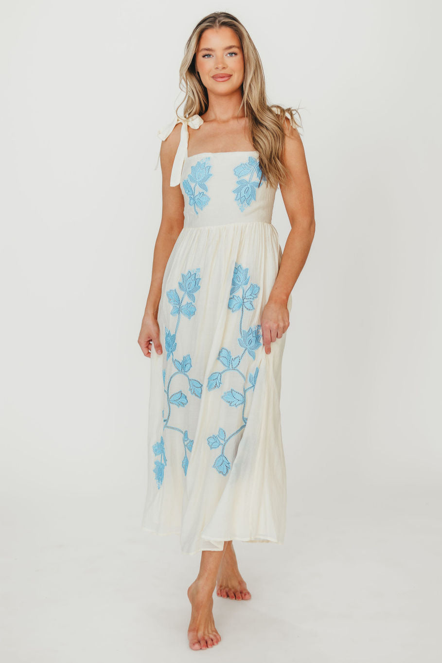 Clementine Embroidered Midi Dress - Cream & Light Blue Floral Summer Dress for Women | Perfect for Beach Vacations, Garden Parties & Date Nights
