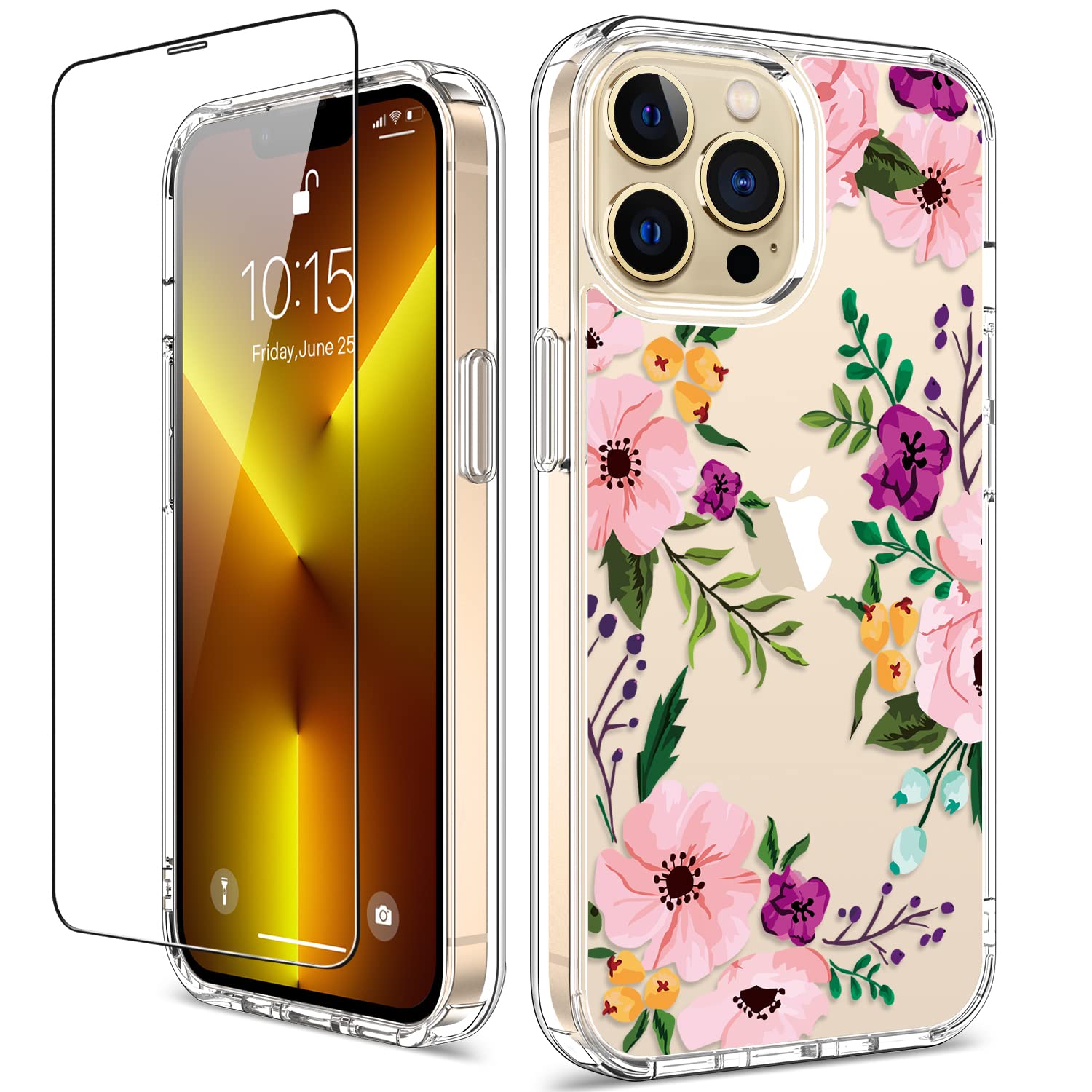 GiiKa iPhone 13 Pro Max Case 6.7 Inch with Screen Protector - Clear Shockproof Floral Design Hard Case with TPU Bumper Cover for Women & Girls - Perfect for Everyday Protection and Style