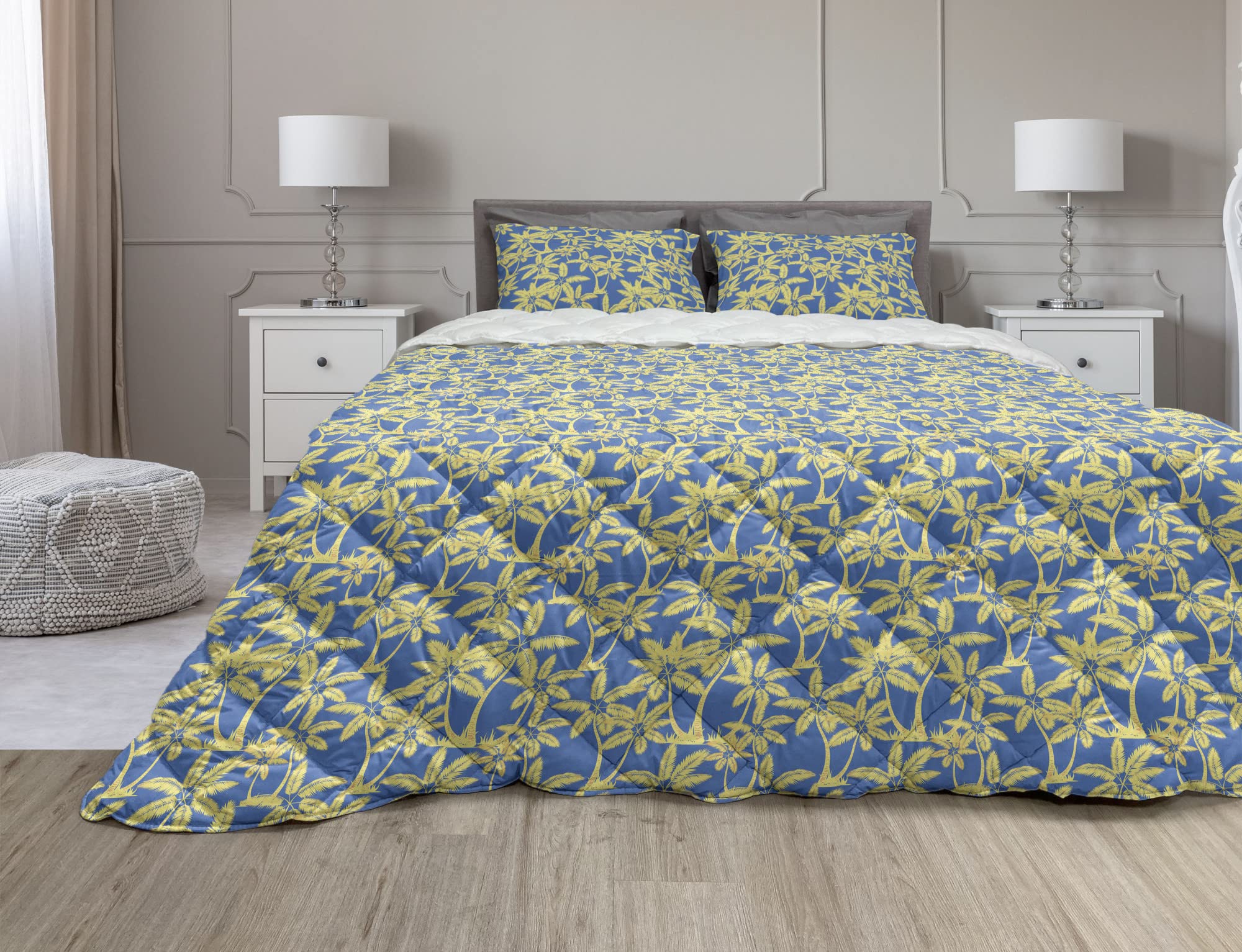 Ambesonne Tropical Comforter & Sham Bedding Set - Exotic Palm Trees Hawaiian Jungle Print, 2-Piece Microfiber Duvet Cover Set with Soft Filling, Twin XL Size in Earth Yellow & Azure Blue - Perfect for Beach House, Tropical Themed Bedroom or Vacation Home Decor