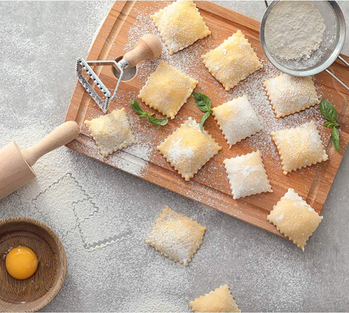 MASTER FENG Ravioli Stamp Maker & Cutter Set with Roller Wheel - Wooden Handle Pasta Press Mold with Fluted Edge - Kitchen Tool for Homemade Dumplings & Pasta (MF-146) - Perfect for Italian Cooking, Meal Prep & Family Dinners