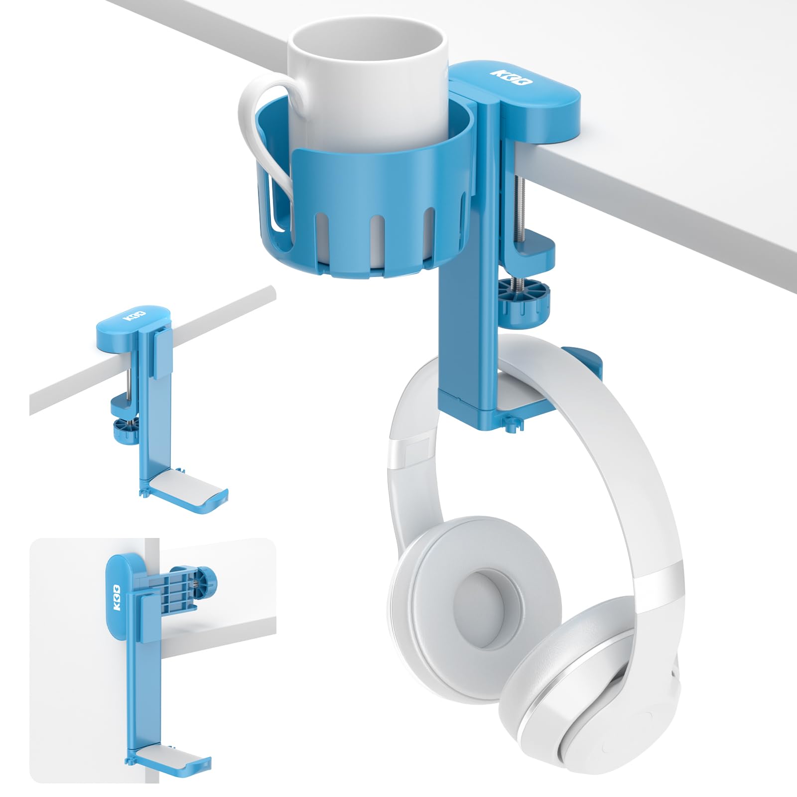 KDD 2-in-1 Rotatable Under Desk Headphone Hanger with Cup Holder - Space Saving Desk Organizer for Headset & Coffee Mug/Water Bottle (Blue) - Perfect for Home Office, Gaming Setup & Workspace Organization
