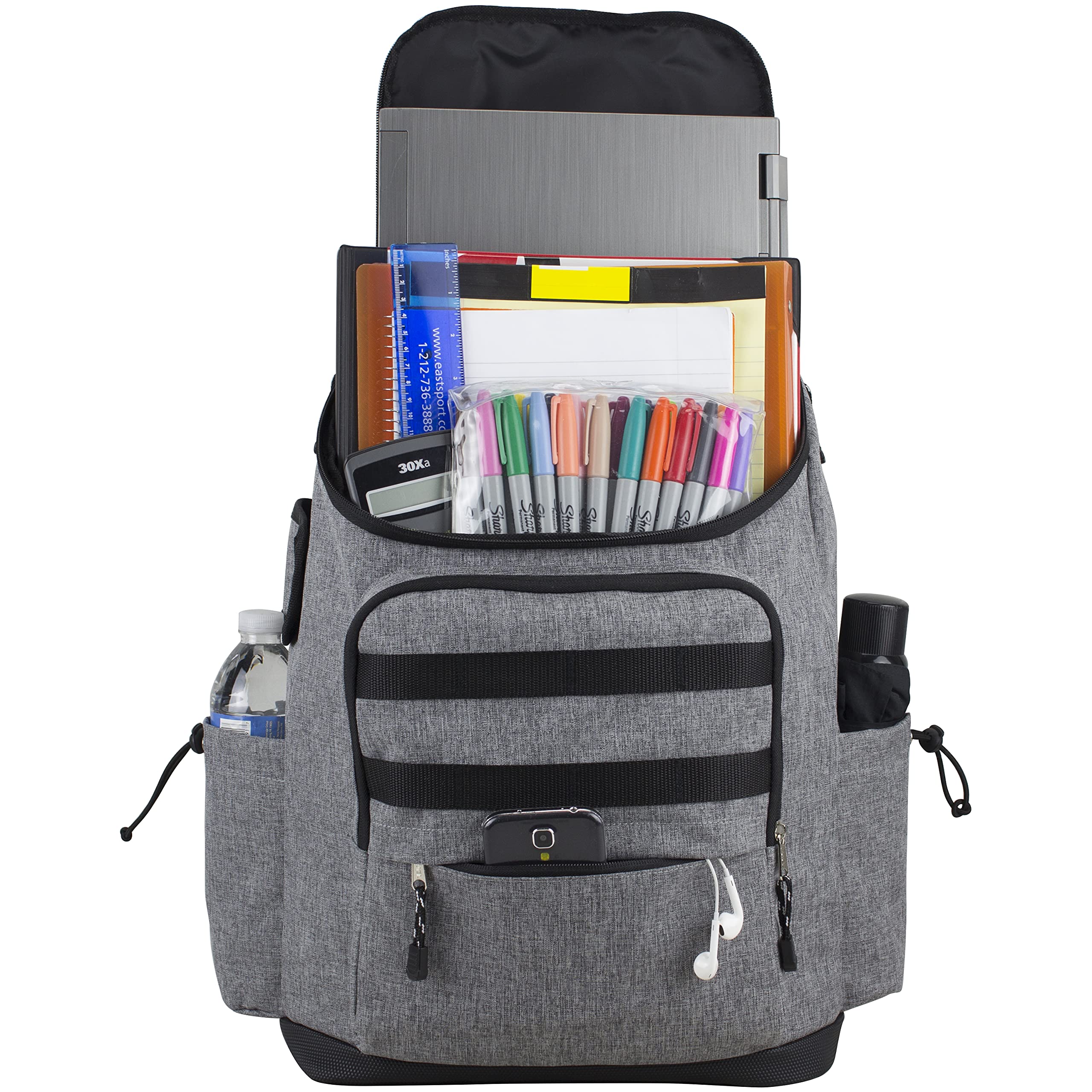 FUEL Multi-Pocket Cargo Travel Backpack - Waterproof Laptop Bag with Top-Loader Entry & USB Charging Port - Black Gray Chambray - Perfect for Business Trips, Hiking & College Students