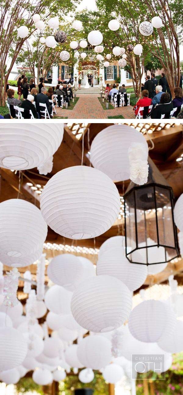 Quasimoon 10 Inch White Round Paper Lanterns - Bulk Pack of 100 - Premium Hanging Decorations with Even Ribbing for Parties, Weddings & Home Decor