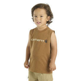 Carhartt Youth Boys Sleeveless Graphic Logo T-Shirt - Brown Heather Cotton Tee for Summer Sports & Outdoor Activities