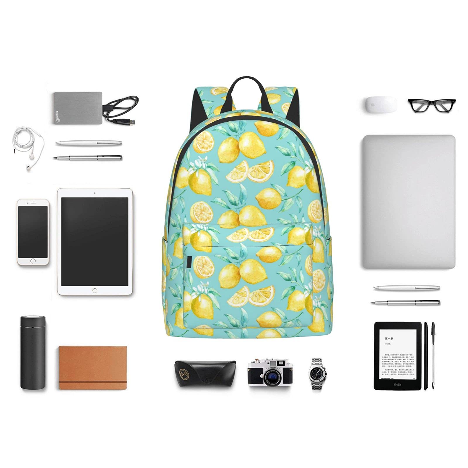 16 Inch Yellow Lemon Print Laptop Backpack - Waterproof School Bookbag, Travel Daypack & Shoulder Bag for Women & Men - Perfect for College, Work, Hiking & Daily Commute
