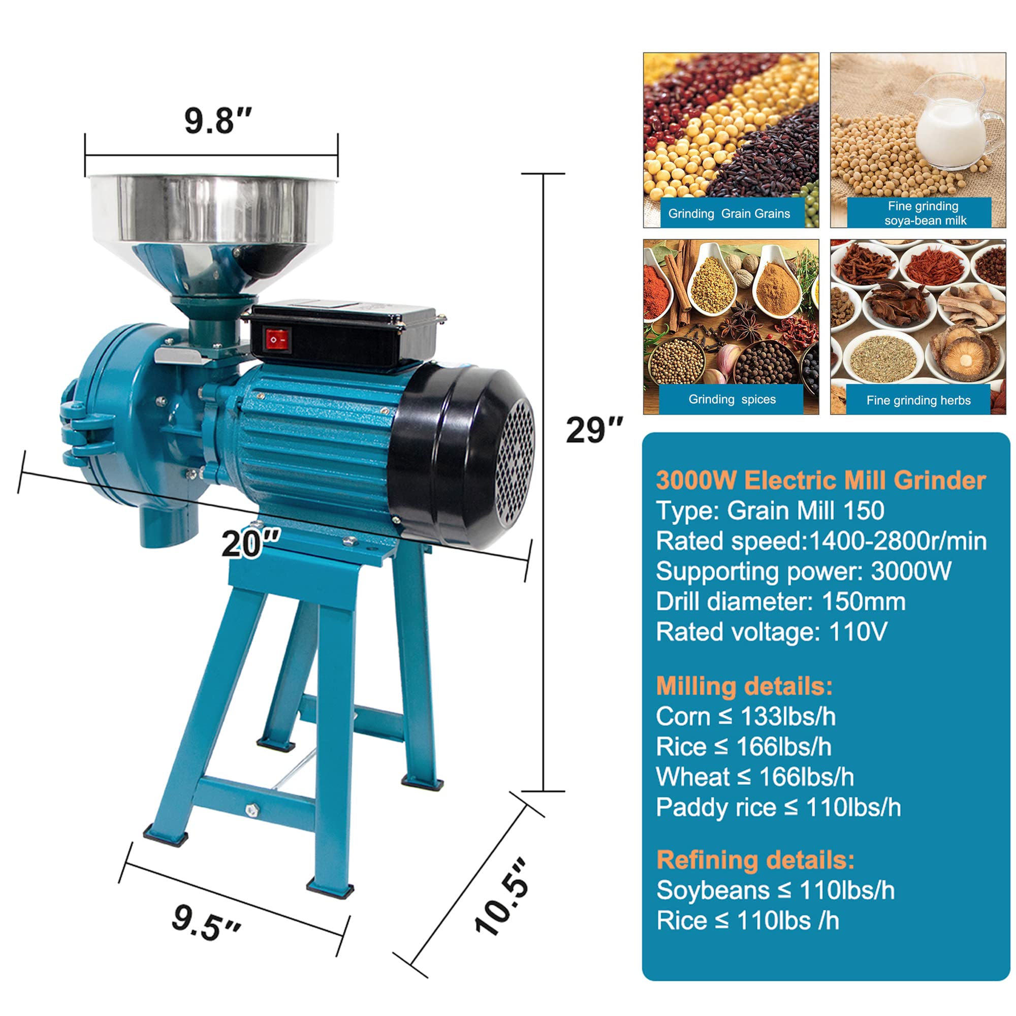 H&ZT 110V Electric Corn Grinder Machine - 3000W 2-in-1 Grain Mill for Flour, Rice, Wheat, Coffee & Maize | Wet & Dry Cereals Grinder with Funnel | Perfect for Home Baking, Animal Feed & Commercial Use