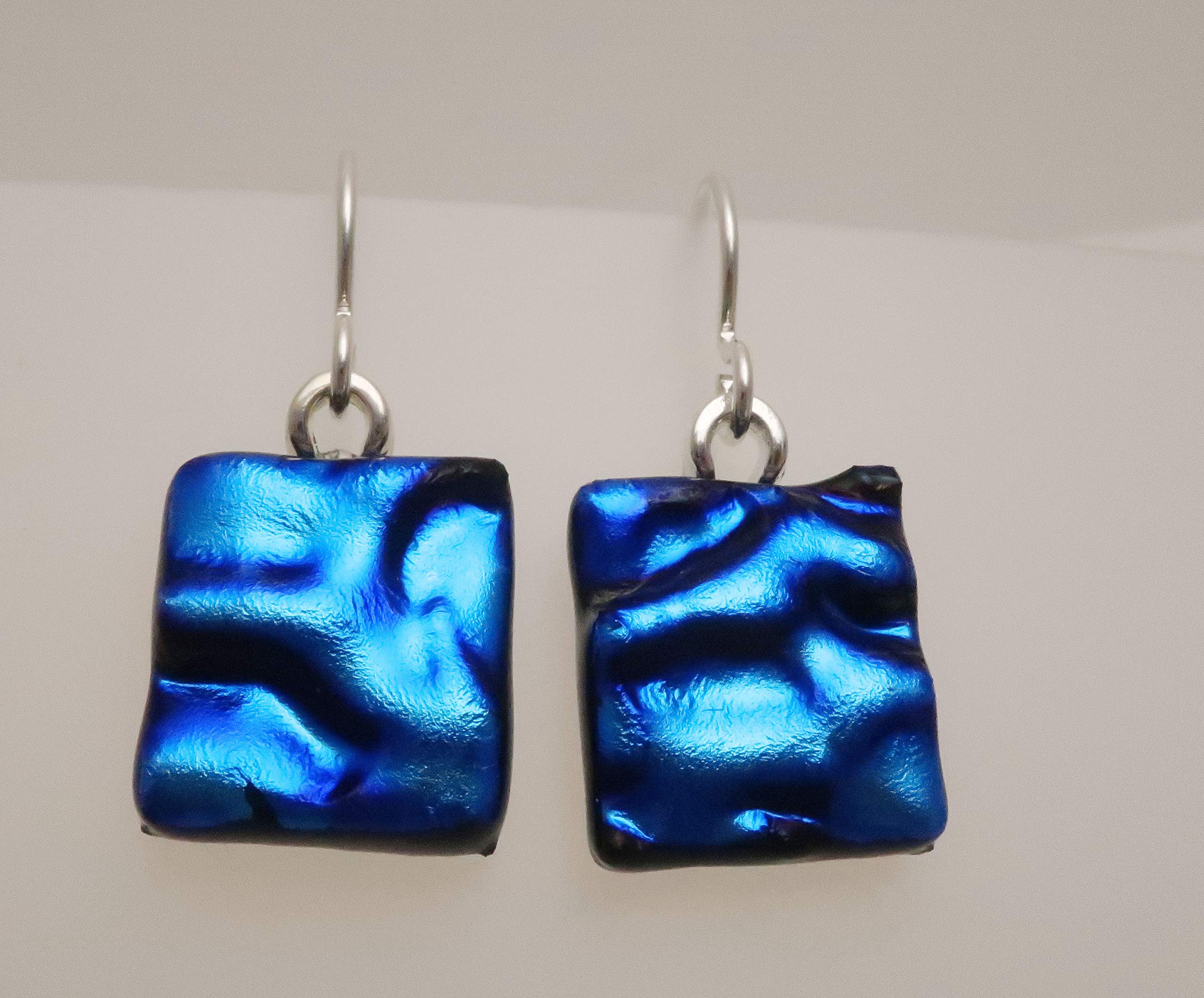 Lightweight Textured Fused Bright Blue Dichroic Glass Sterling Silver Earrings N123 | Handmade Jewelry for Women | Perfect for Parties, Weddings & Special Occasions