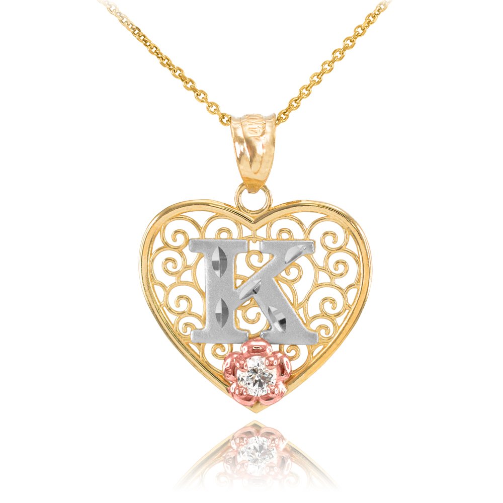 14K Tri-Tone Gold Filigree Heart Pendant Necklace with CZ Flower Initial Letter - 18