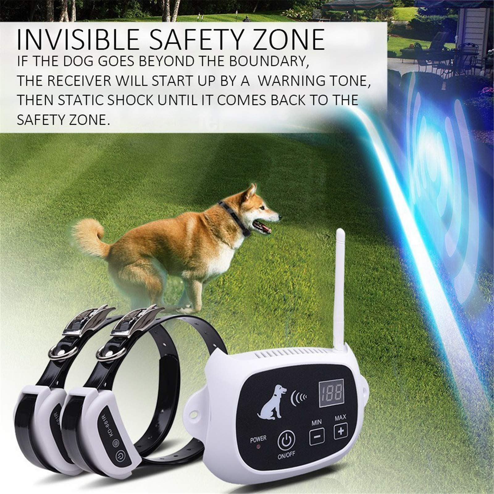 Wireless Dog Fence System - Electric Pet Containment with Waterproof Rechargeable Training Collar | Safe & Effective Vibrate/Shock Modes | Adjustable Control Range Up to 1064 Feet | Ideal for Backyard, Farm & Large Property Pet Safety