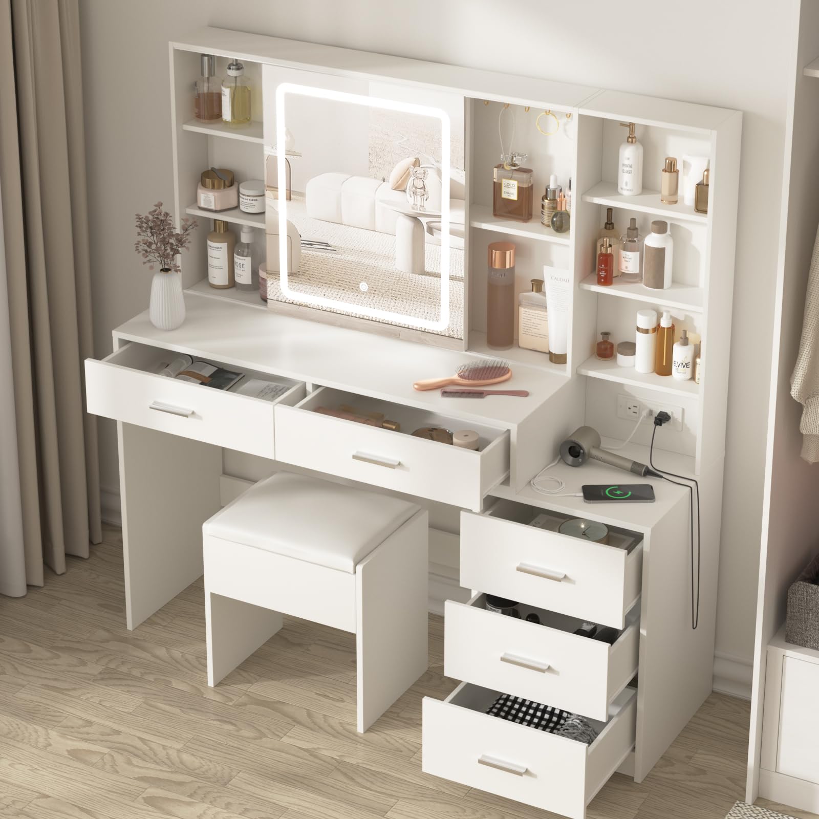 Fameill Makeup Vanity Desk with Sliding Mirror & 3-Color LED Lights, Vanity Table Set with Chair, 5 Drawers & Hooks, USB Charging Station - Perfect for Bedroom, Dressing Room & Home Salon (White)