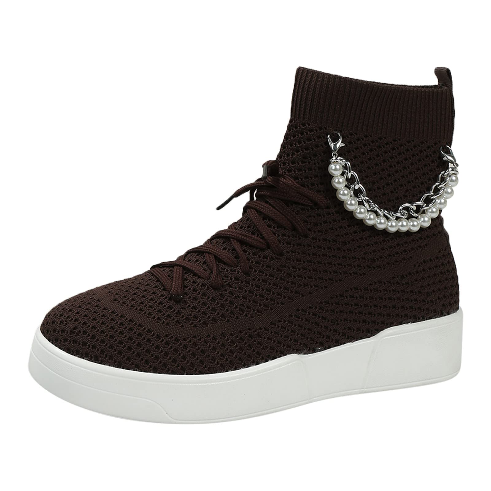 Women's Fashion Flat Ankle Boots with Lace-Up Design, Pearl & Chain Decor, Round Toe Stiletto Platform Boots - Breathable Comfort for Casual Outfits, Office Wear & Night Out