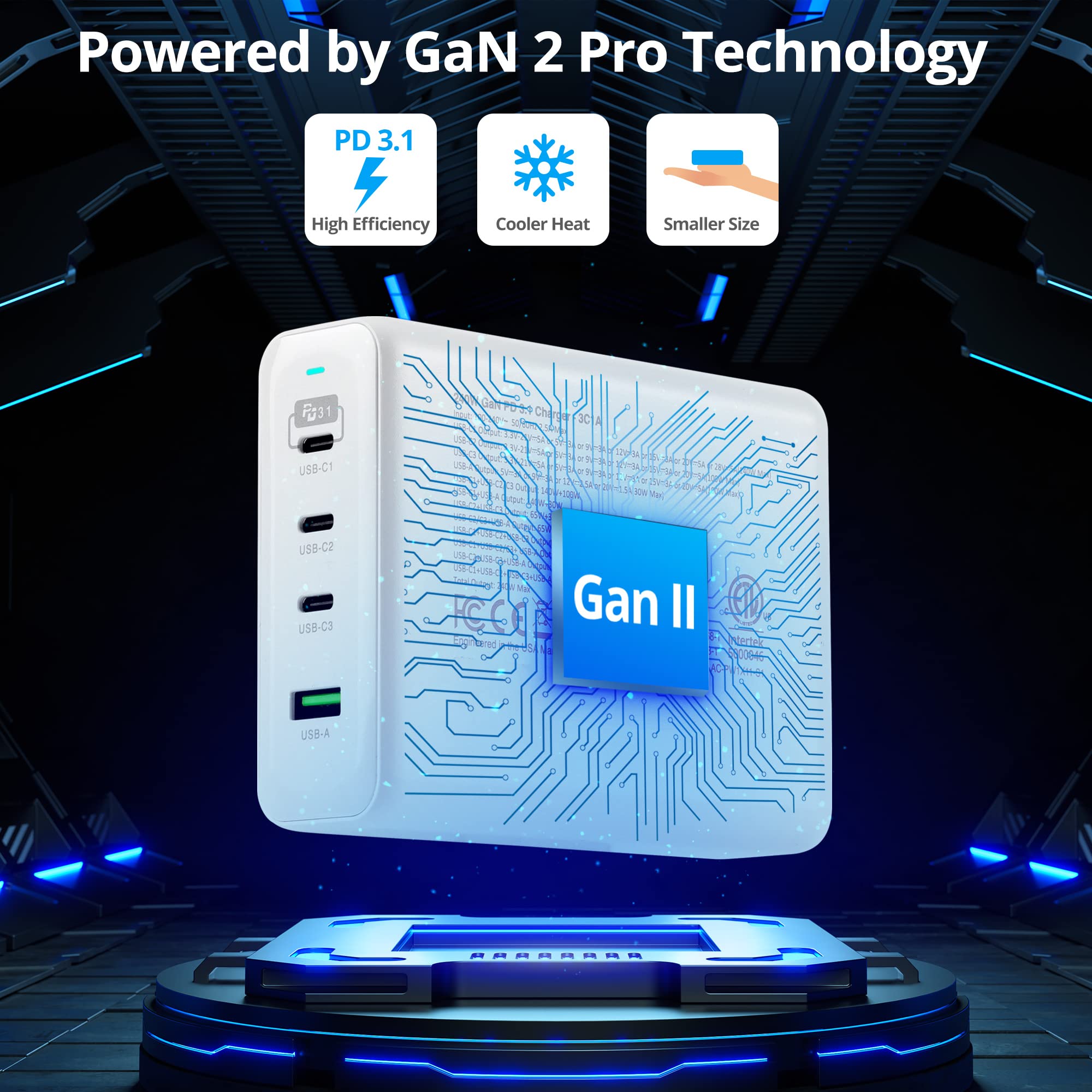 SIIG 240W USB-C GaN Fast Charger 4-Port (3C1A) with PD 3.1 & QC 3.0 - Compatible with MacBook Pro/Air, iPad, iPhone 14/13/12 Series, Samsung Galaxy S22/Note 20, Google Pixel - Perfect for Home, Office & Travel Charging (Model: AC-PW1X11-S1)
