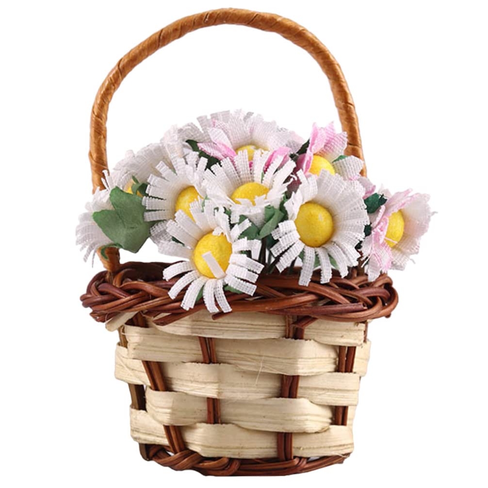 Miniature Flower Basket Doll - Tiny Bamboo Picnic Basket with Fake Plants & Candy for Micro Landscaping Decor | Perfect for Dollhouse, Fairy Garden, DIY Crafts & Tabletop Displays
