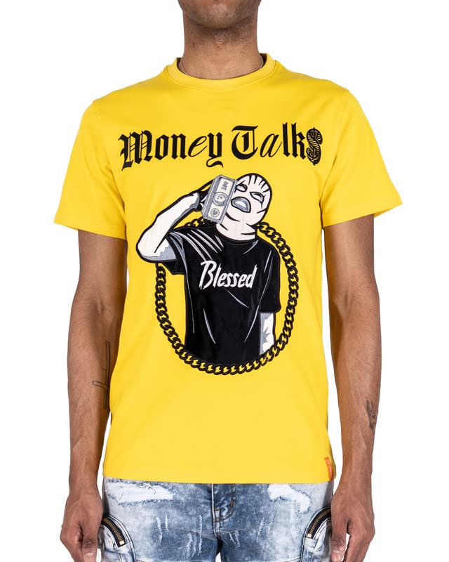 Men's Money Talks Graphic Embroidered Cotton T-Shirt - Funny Gangster Style with Ski Mask Design | 95% Cotton 5% Spandex | Perfect for Streetwear, Hip Hop Fashion & Casual Outfits
