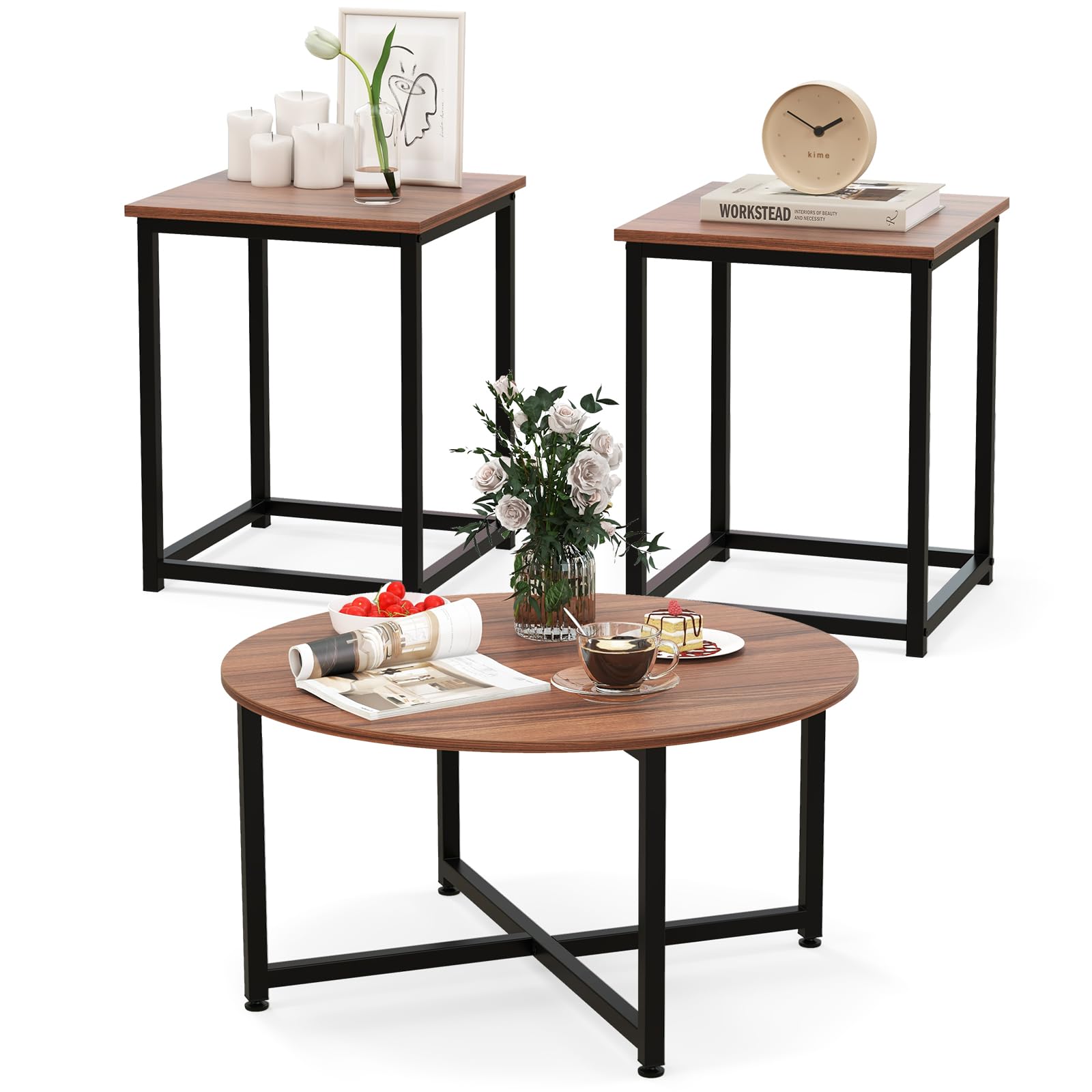 COSTWAY 3-Piece Coffee Table Set - Round Wood Grain Coffee Table & 2 Square End Tables with Sturdy Metal Frame, Modern Living Room Furniture for Small Spaces & Apartments (Walnut & Black) | Perfect for Compact Living Rooms, Studio Apartments & Cozy Home Decor