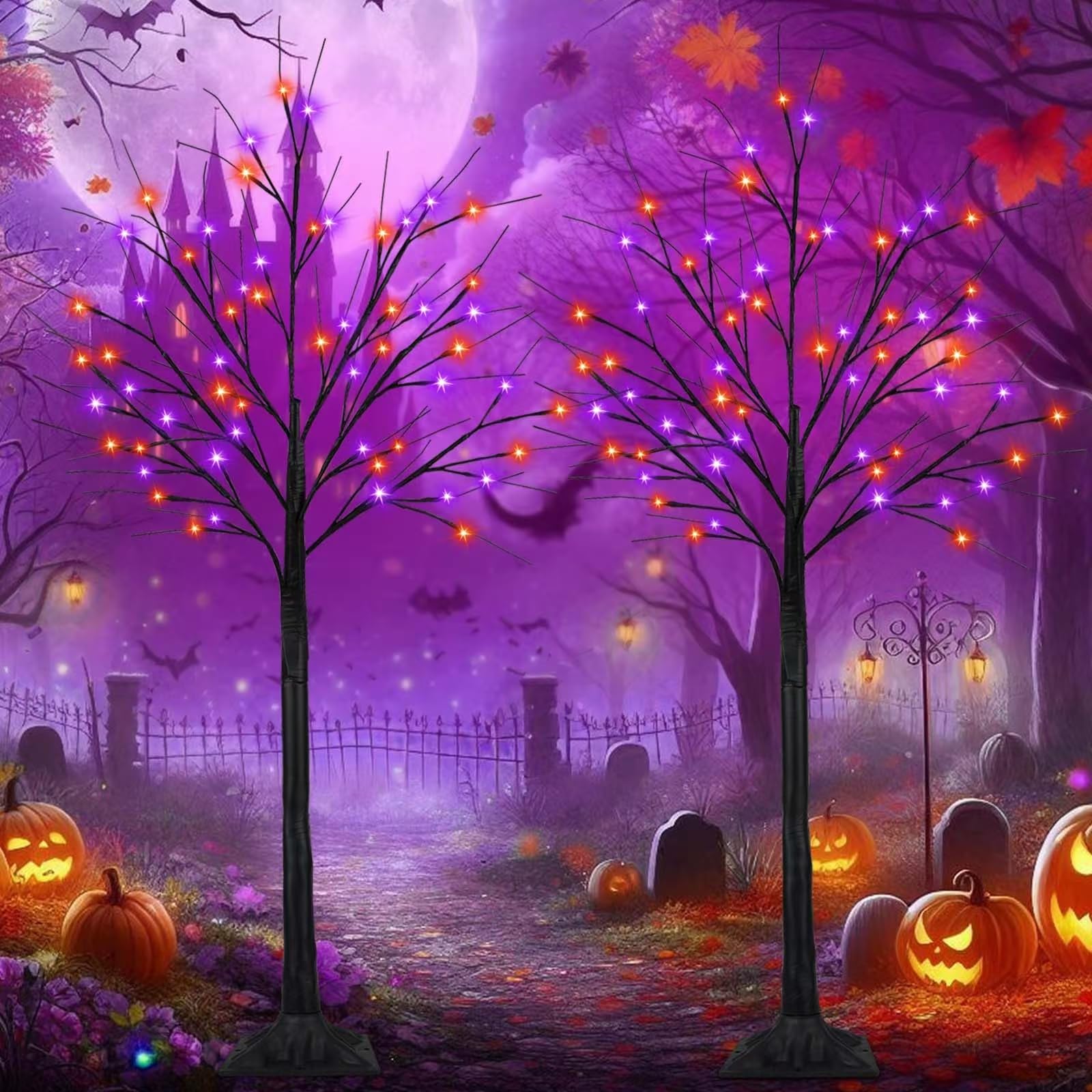 2 Pack 6FT 300LED Black Halloween Tree Lights with Timer - Purple & Orange Spooky Lights for Indoor/Outdoor Halloween Decorations | Perfect for Yard, Porch, Party & Haunted House Decor