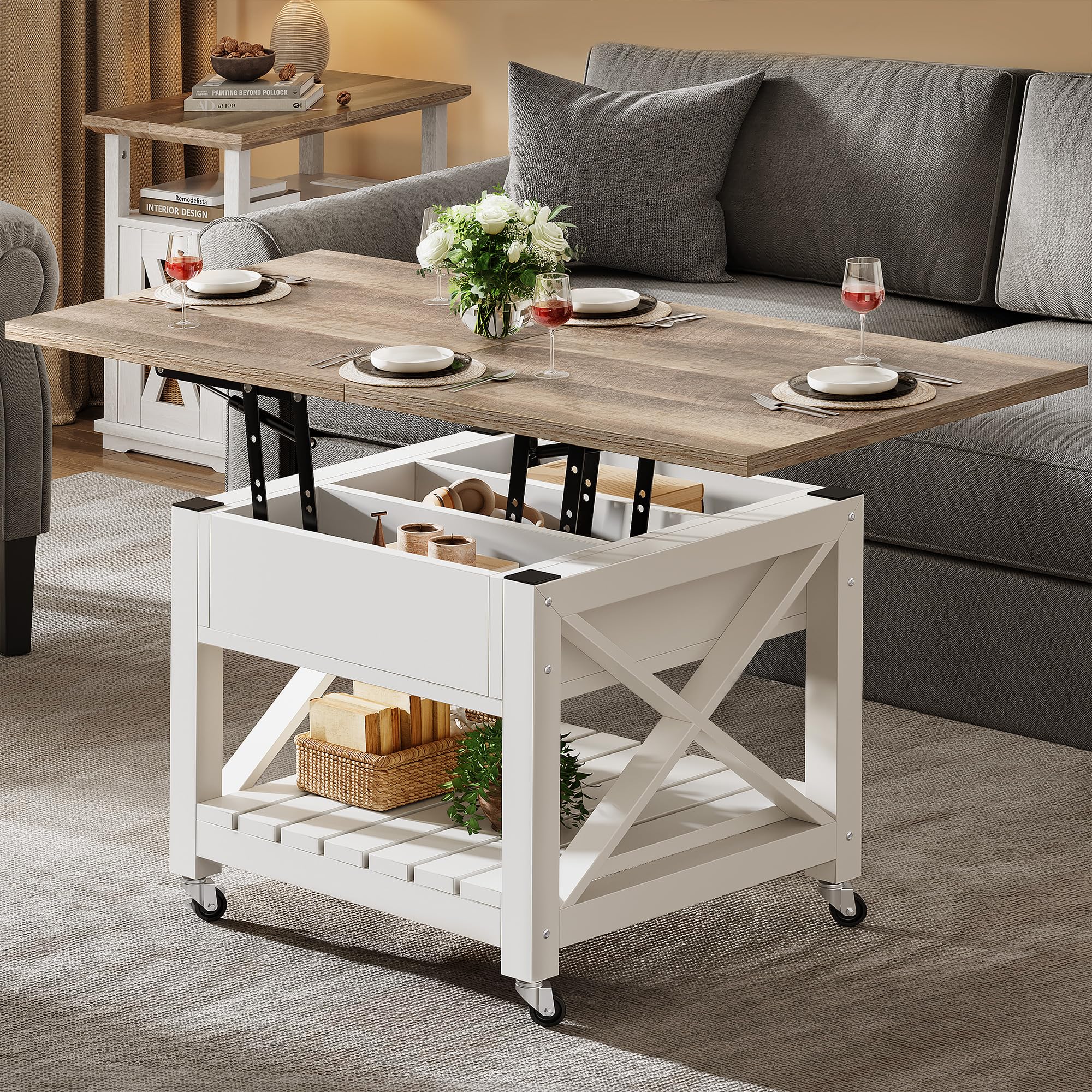 YITAHOME Lift Top Coffee Table with Wheels - Farmhouse Style Square Center Table with Storage Compartment, 2-Tier Rolling Coffee Table for Living Room & Dining Area - Grey Wash Finish | Perfect for Small Spaces, Home Office & Apartment Decor