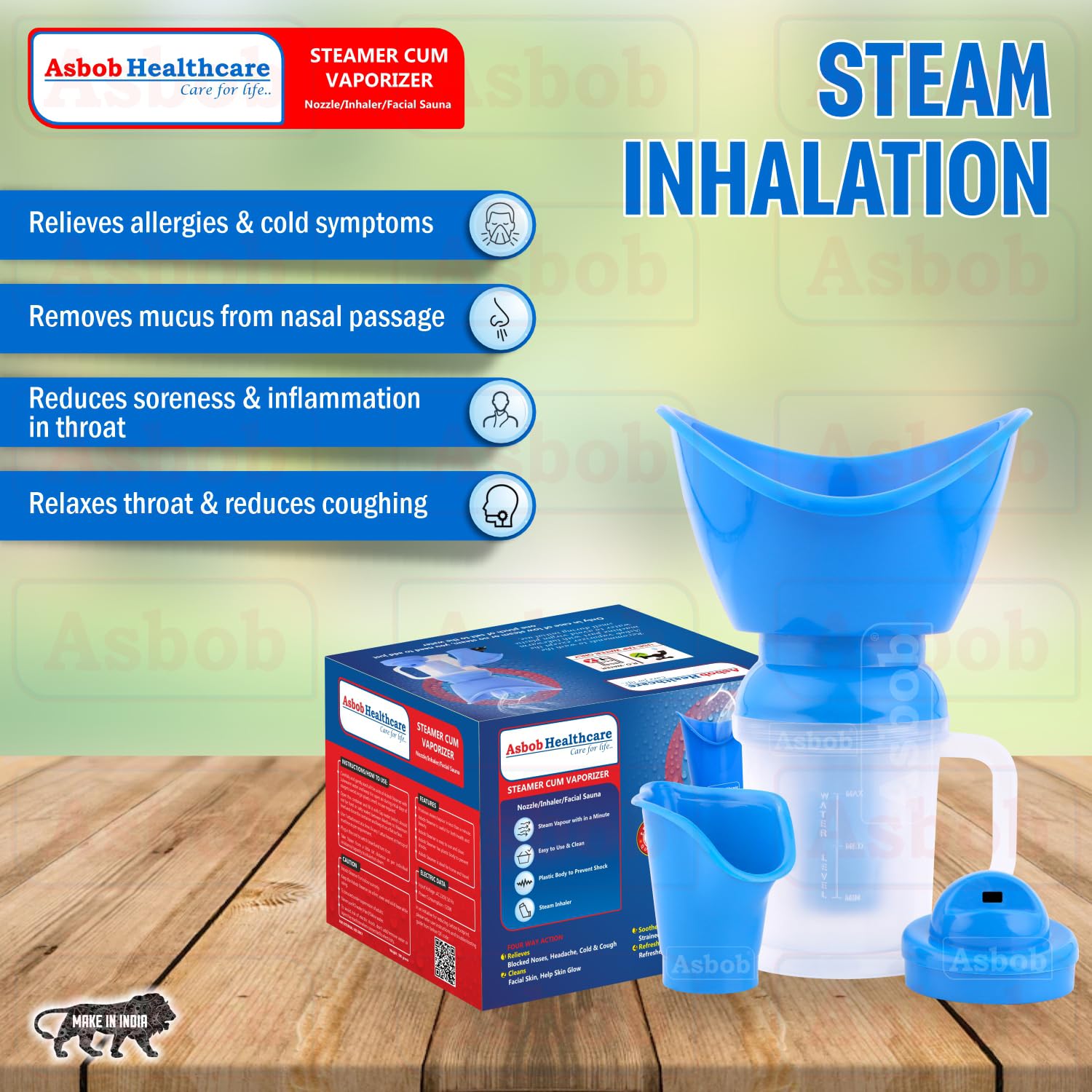 Asbob Steam Inhaler for Cold & Cough Relief - Facial Steamer & Vaporizer for Adults - Portable Nebulizer for Sinus Congestion, Dry Skin - Home & Travel Use (Blue)