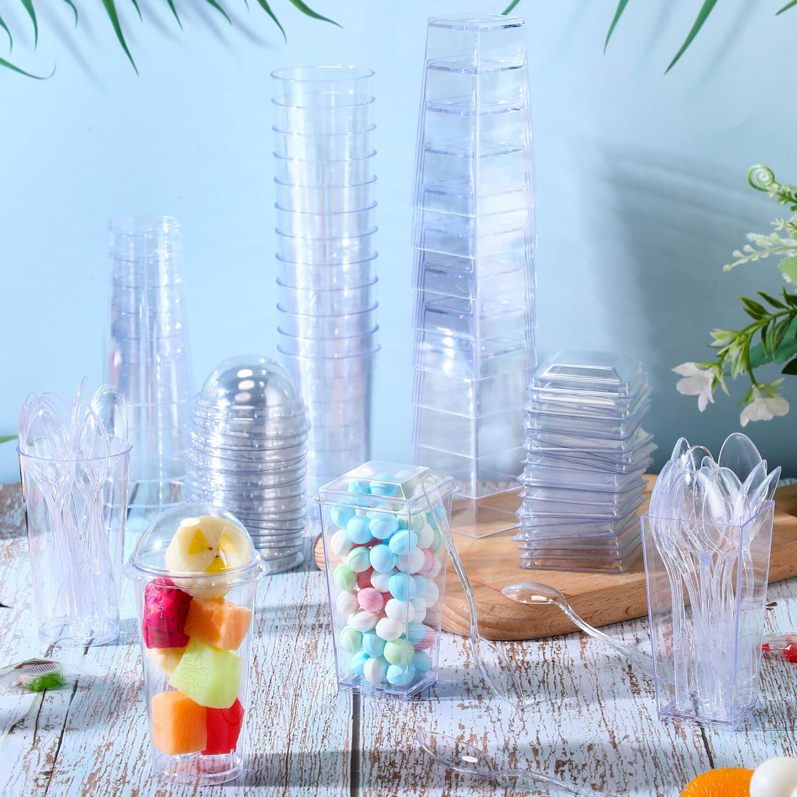 Nuogo 100-Pack Clear Plastic Mini Dessert Cups with Lids & Spoons - Disposable Square Parfait Containers & Round Cake Cups for Party Appetizers, Pudding, Ice Cream, Yogurt | Perfect for Catering, Wedding, Baby Shower & Holiday Dessert Displays