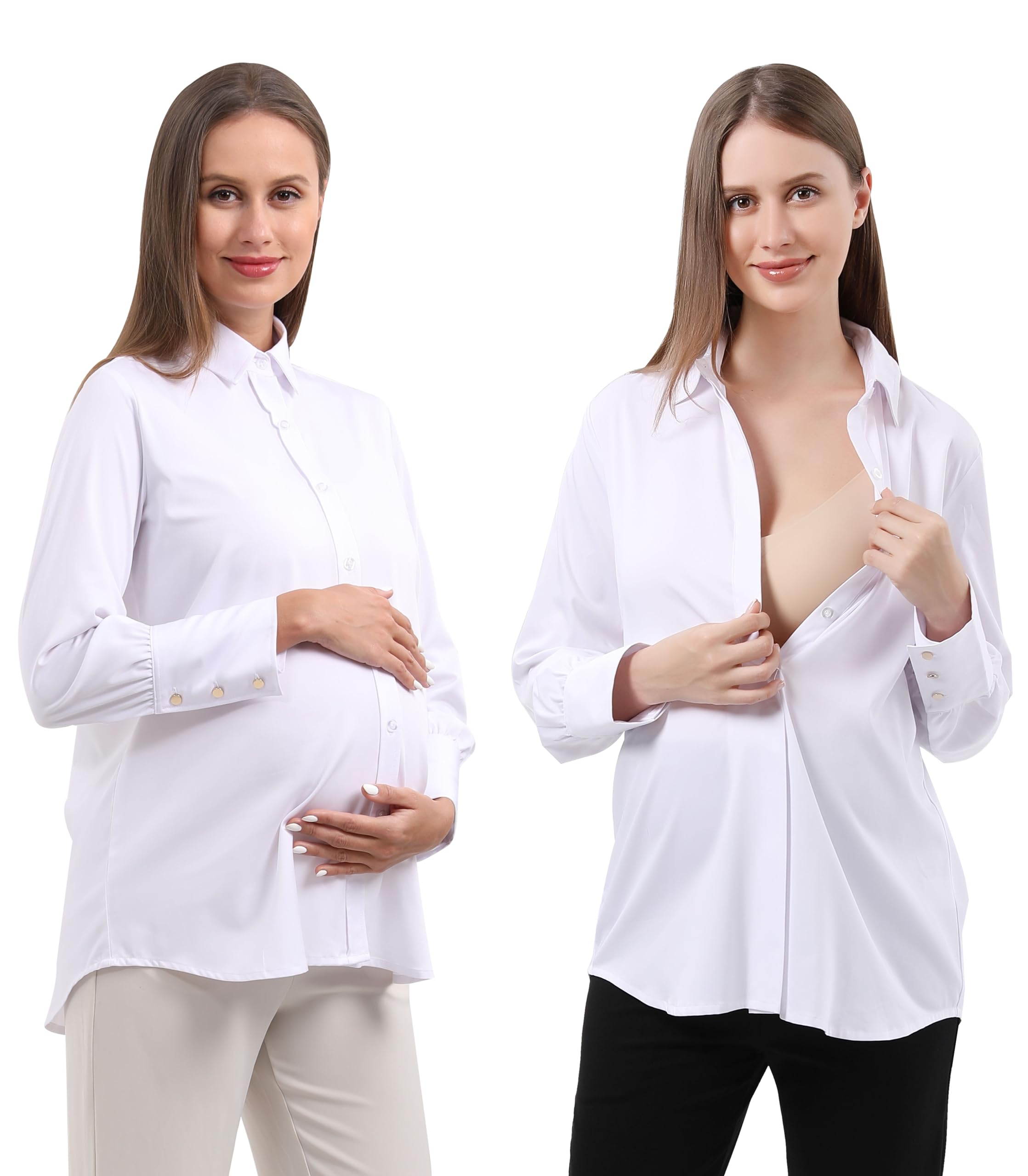 Maternity Button Down Shirt - Long Sleeve Formal Blouse for Pregnant Women | Office Work & Business Attire | Comfortable Pregnancy Workwear for Professional Moms