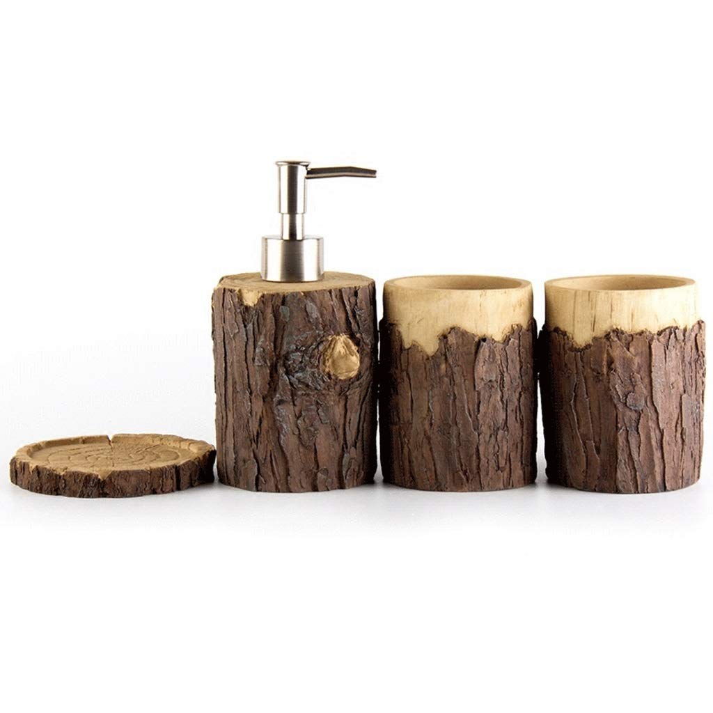 ZANZAN 4-Piece Wooden Design Bathroom Accessories Set - Brown Resin Soap Dispenser, Tumbler, Soap Dish & Pump | Stylish Shower Organizer for Modern Bathrooms