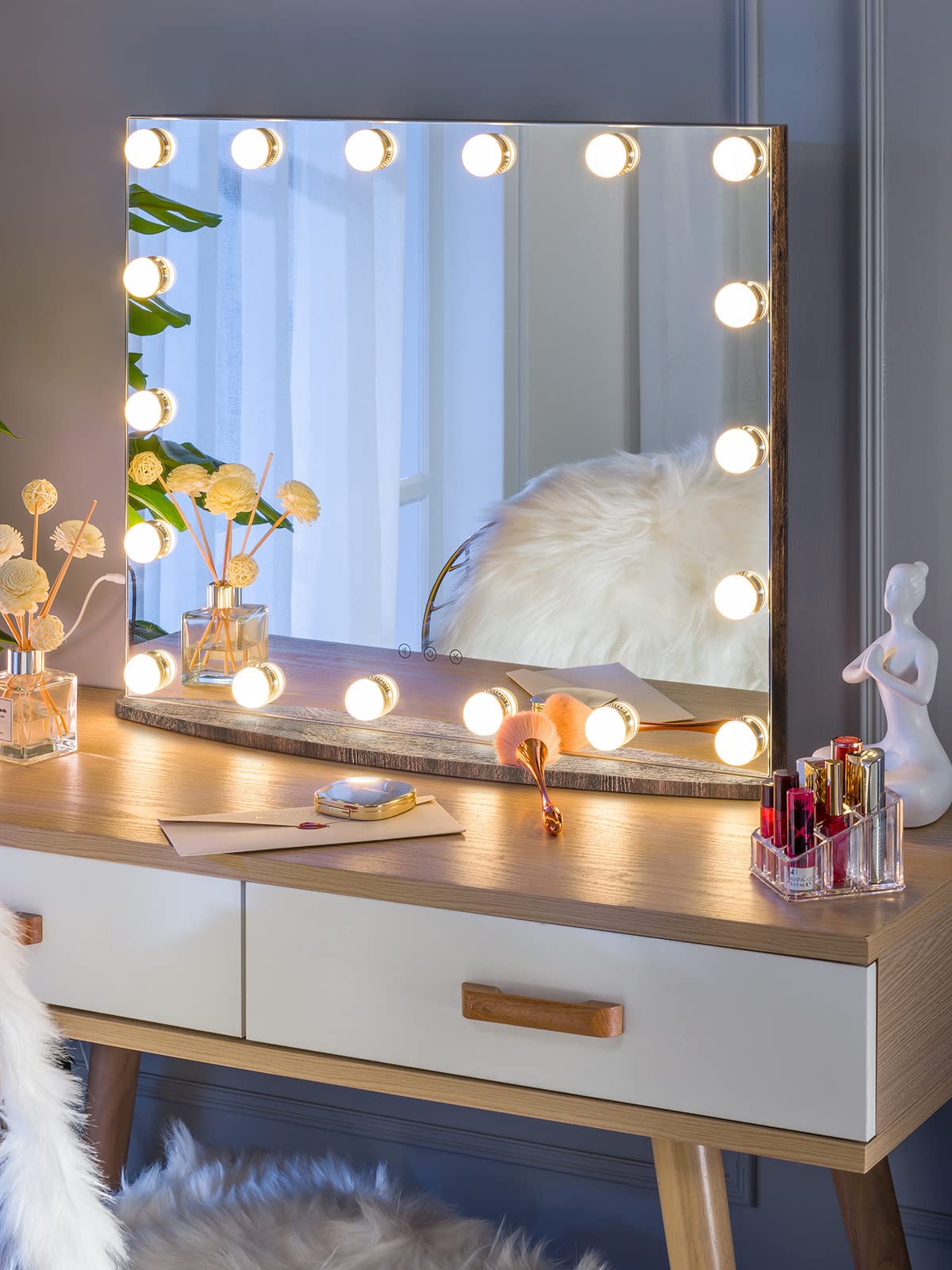 LUXFURNI Hollywood Vanity Mirror with 18 LED Lights - Large Lighted Makeup Mirror for Tabletop or Wall Mount, Rustic Brown (26