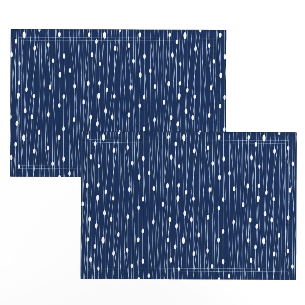 Spoonflower Linen Cotton Canvas Placemats Set of 2 - Navy Blue Geometric Stripes & Dots Abstract Modern Print Table Mats for Dining Room Decor, Kitchen Table Setting, Party Dinnerware