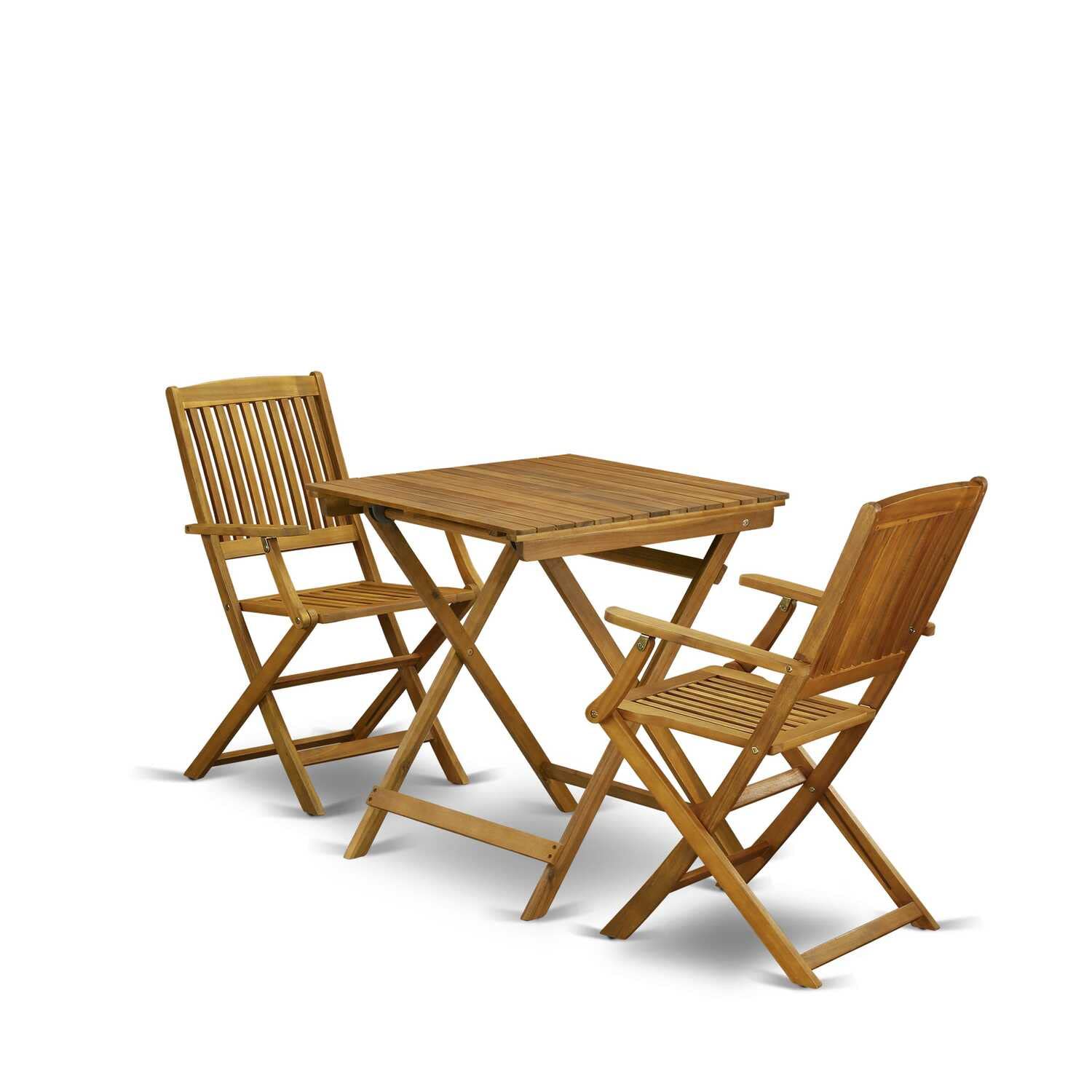 East West Furniture 3-Piece Patio Bistro Set - Square Acacia Wood Folding Table & 2 Arm Chairs - 26x26 Inch Outdoor Coffee Table Set - Natural Oil Finish - Perfect for Backyard, Garden, Balcony & Small Space Dining