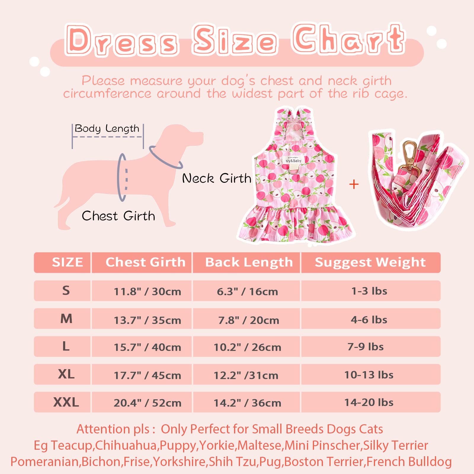 Small Dog Dress Harness & Leash Set - Cute Princess Birthday Outfit, Soft Fruit Print Puppy Dress for Small Dogs & Cats (Pink Apple, XL) | Perfect for Chihuahua, Yorkie, Shih Tzu | Great for Birthday Parties, Photo Shoots & Daily Walks