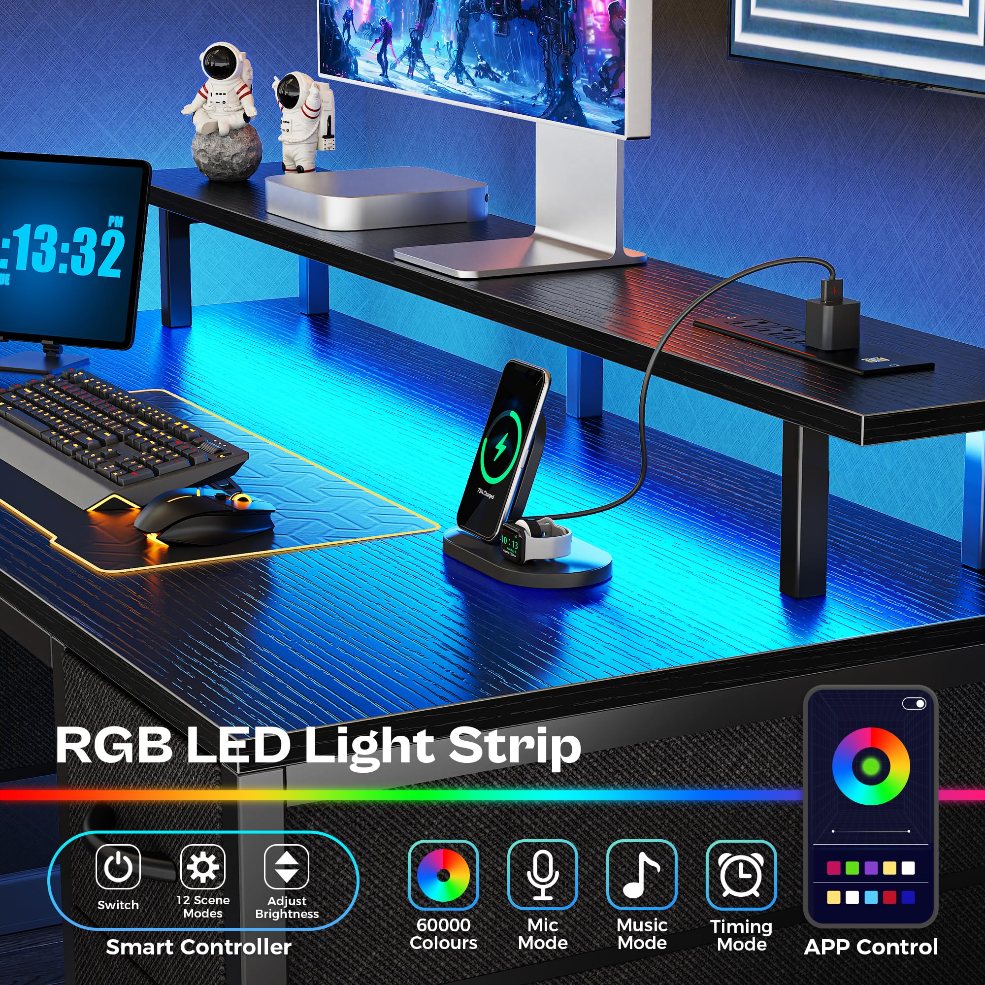 Huuger 47 inch LED Gaming Desk with Power Outlets & 4 Drawers - Black Home Office Computer Desk with Large Storage Space for Bedroom, Work from Home | Perfect for Gaming Setup, Remote Work & Study