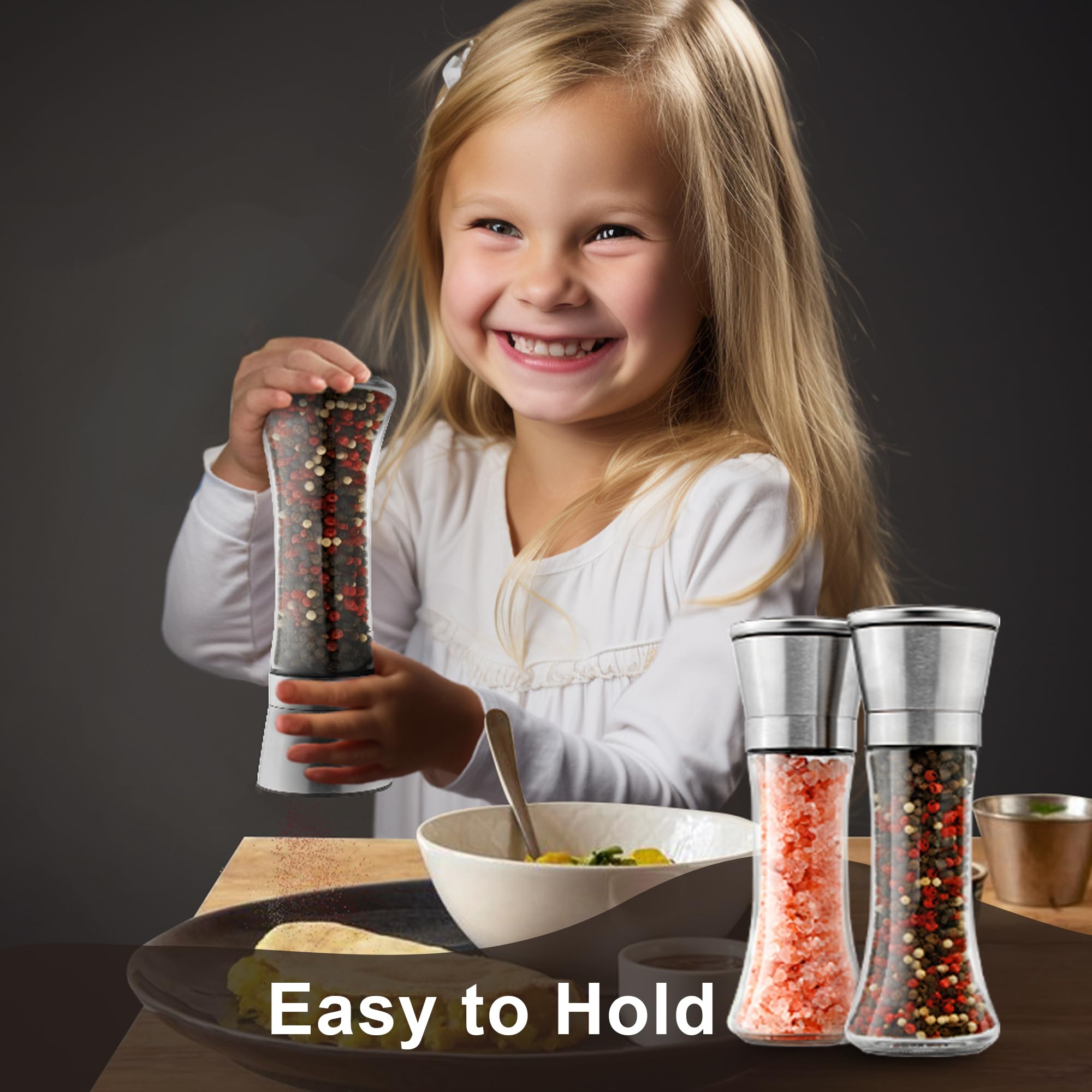 Premium Stainless Steel Salt and Pepper Grinder Set - Adjustable Coarseness, Refillable Glass Body - Elegant Kitchen Essential for Cooking, Baking & Dining - Perfect Gift for Home Chefs (1 Pack)