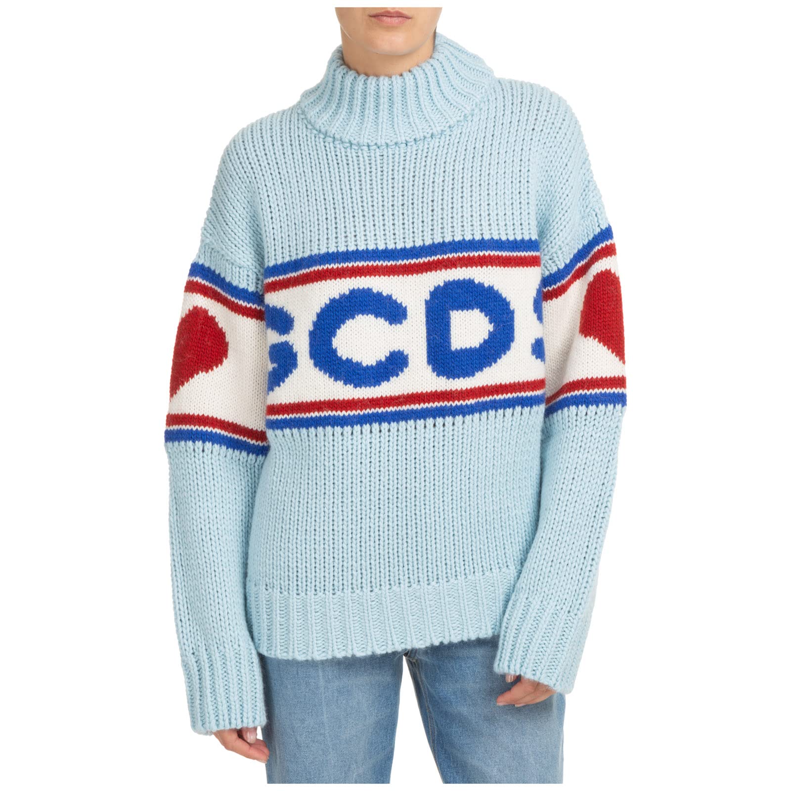 GCDS Women's Roll Neck Jumper Sweater - Cute Tape Azzurro Blue Knit Pullover for Winter Fashion, Casual Outfits & Office Wear