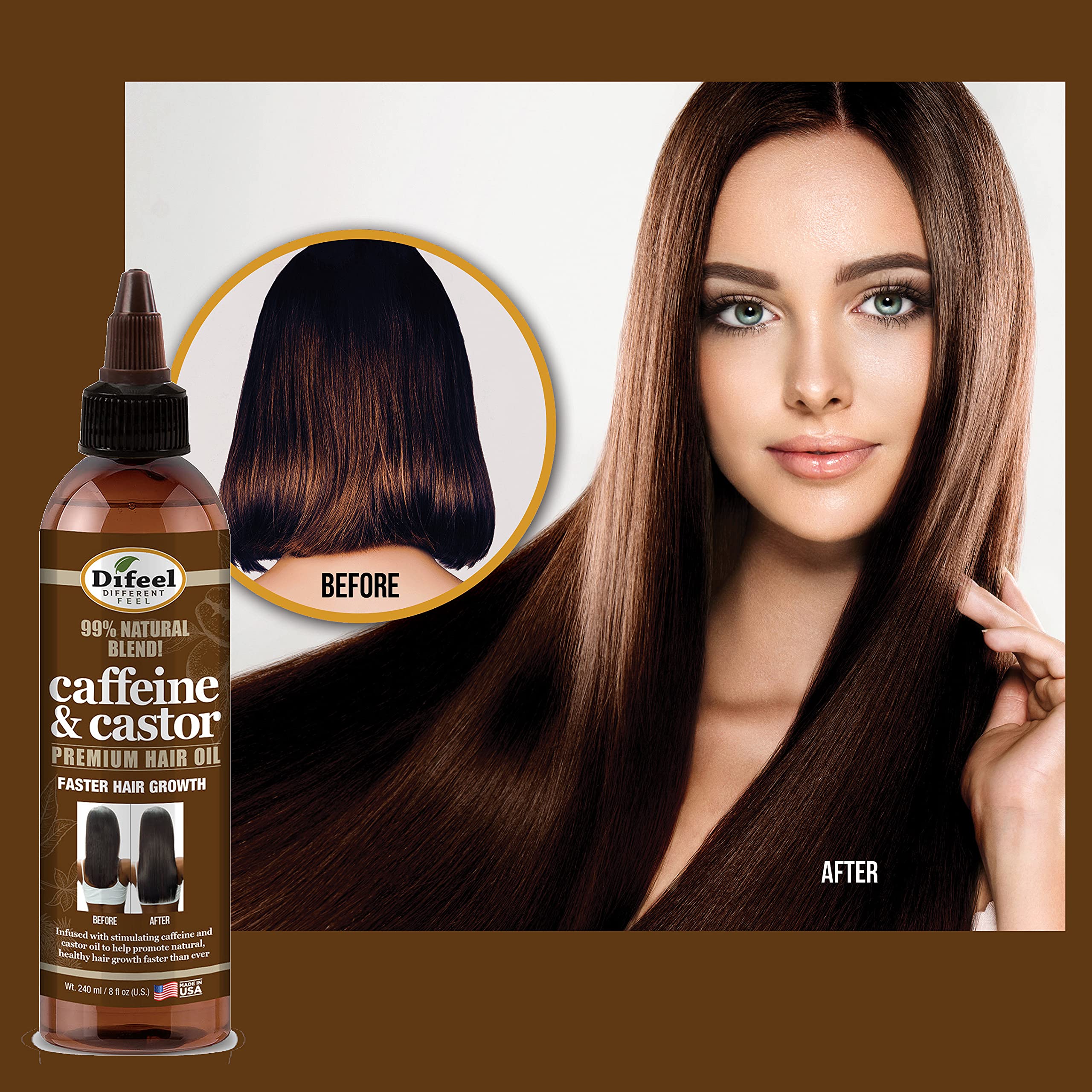 Difeel 99% Natural Premium Hair Growth Oil with Caffeine & Castor Oil - 8 oz Fast Absorbing Treatment for Thicker, Longer Hair - Perfect for Daily Use, Scalp Massage & Overnight Hair Care