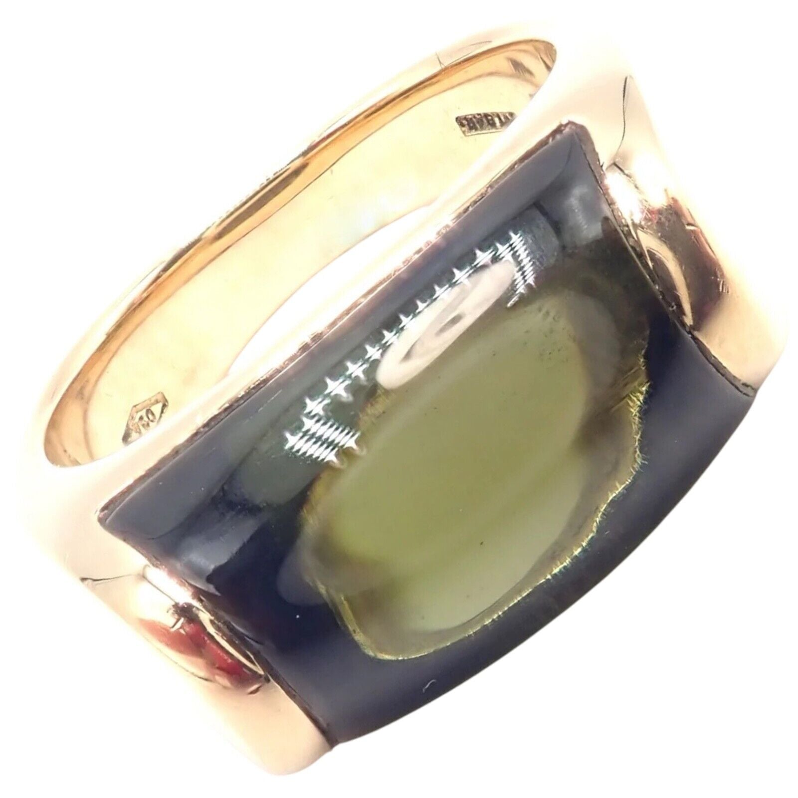 Authentic Bulgari Bvlgari Tronchetto 18k Yellow Gold Large Green Tourmaline Ring for Women - Luxury Jewelry Gift for Anniversary, Wedding & Special Occasions