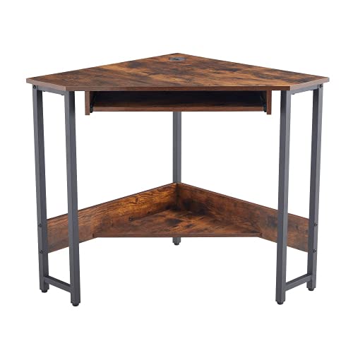 Compact Triangle Computer Desk with Smooth Keyboard Tray & Storage Shelves - Sturdy Steel Frame Corner Workstation for Small Spaces (28.34