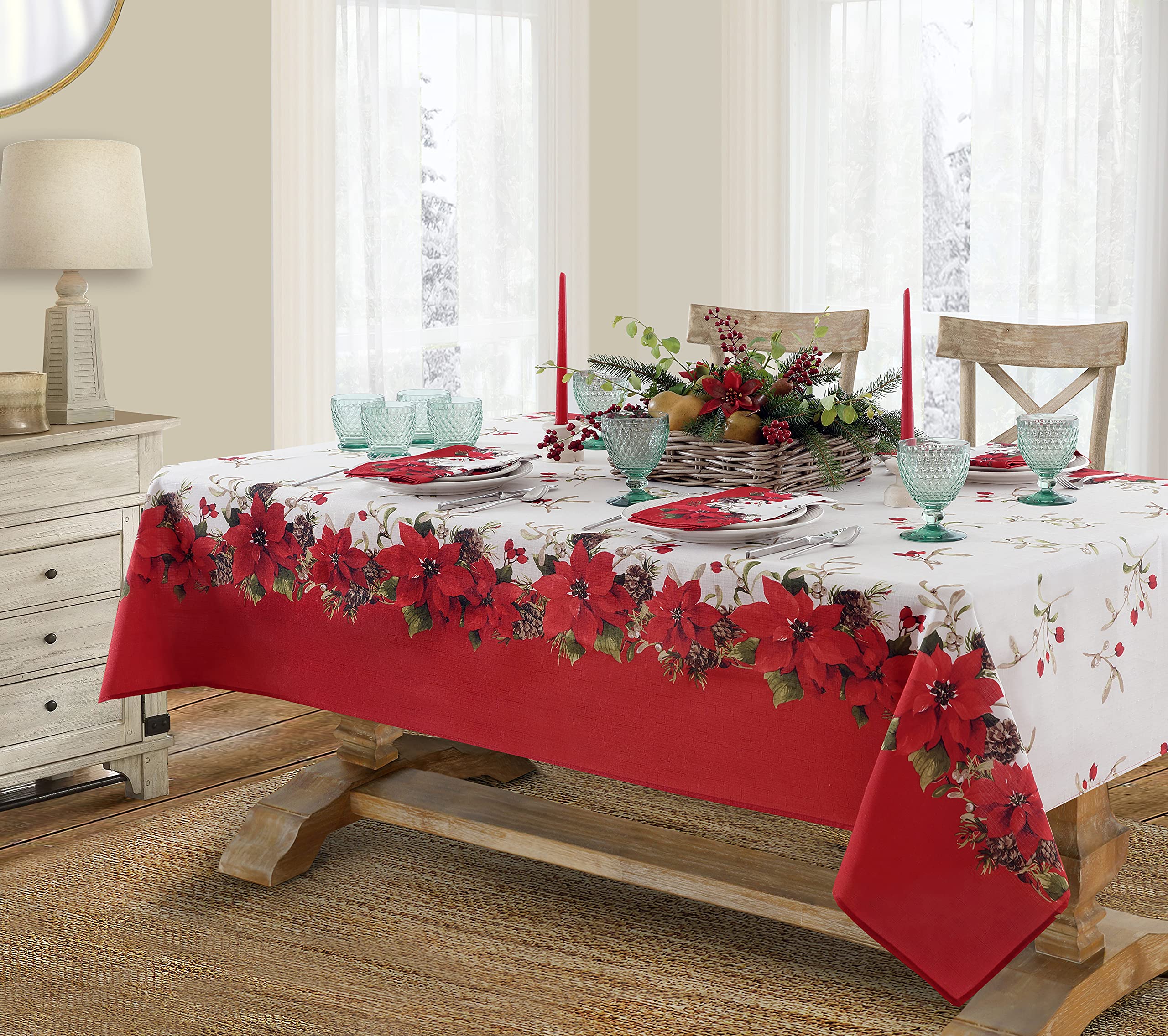 Newbridge Christmas Blooming Poinsettia Double Bordered Set of 4 Fabric Placemats - Holiday Red & White Poinsettia Dining Table Mats for Festive Decorations & Holiday Dinner Parties