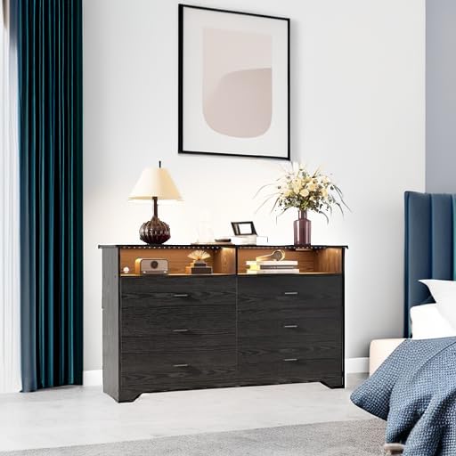 LIKIMIO 6-Drawer 59-Inch Black Dresser with LED Lights & Built-in Power Outlet - Modern Bedroom Storage Cabinet with Ample Space for Clothes, Accessories | Perfect for Master Bedroom, Guest Room & Dorm Organization
